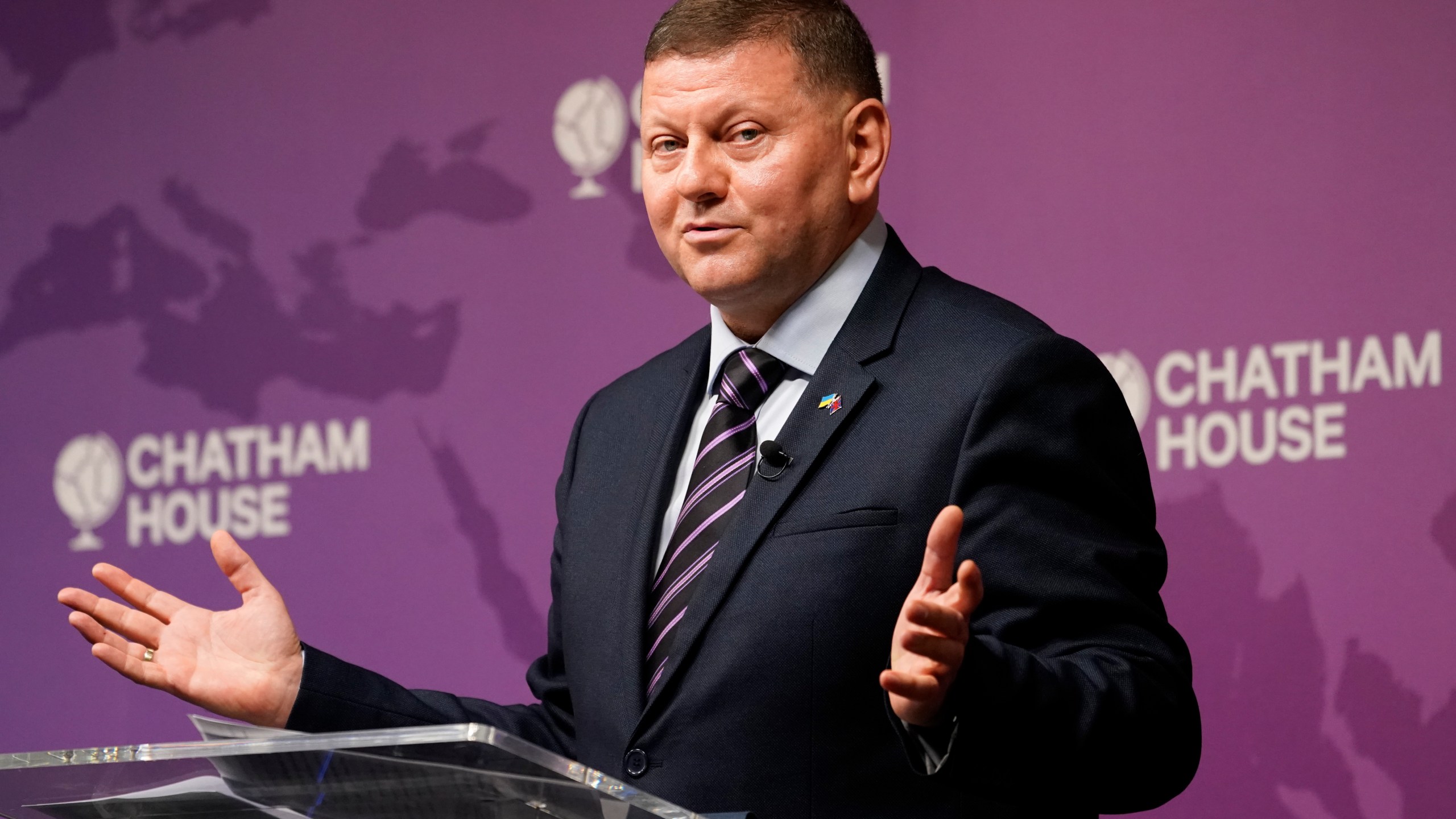 Ukraine Ambassador to UK, Valerii Zaluzhnyi, speaks at a Chatham House event in London, Thursday, Oct. 17, 2024. (AP Photo/Alberto Pezzali)