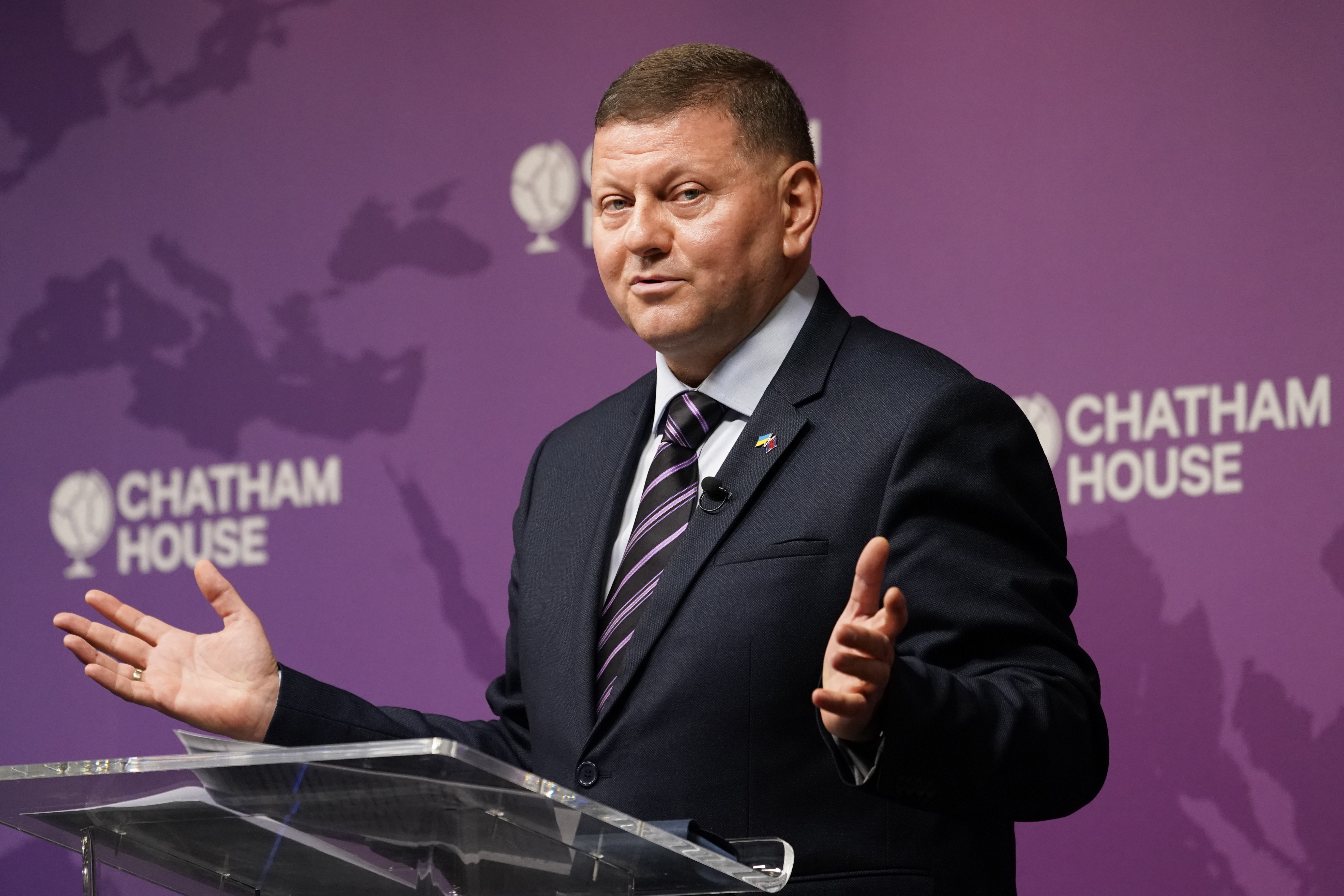 Ukraine Ambassador to UK, Valerii Zaluzhnyi, speaks at a Chatham House event in London, Thursday, Oct. 17, 2024. (AP Photo/Alberto Pezzali)