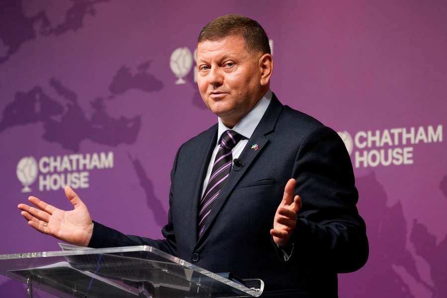 Ukraine Ambassador to UK, Valerii Zaluzhnyi, speaks at a Chatham House event in London, Thursday, Oct. 17, 2024. (AP Photo/Alberto Pezzali)