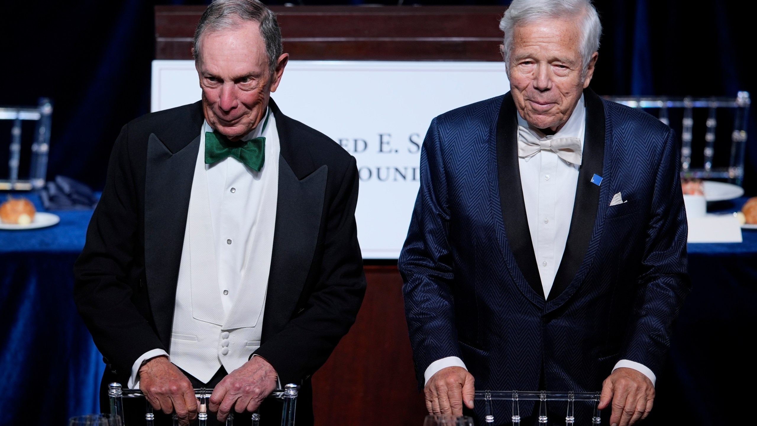 Michael Bloomberg and Robert Kraft arrive for the 79th annual Alfred E. Smith Memorial Foundation Dinner, Thursday, Oct. 17, 2024, in New York. (AP Photo/Julia Demaree Nikhinson)