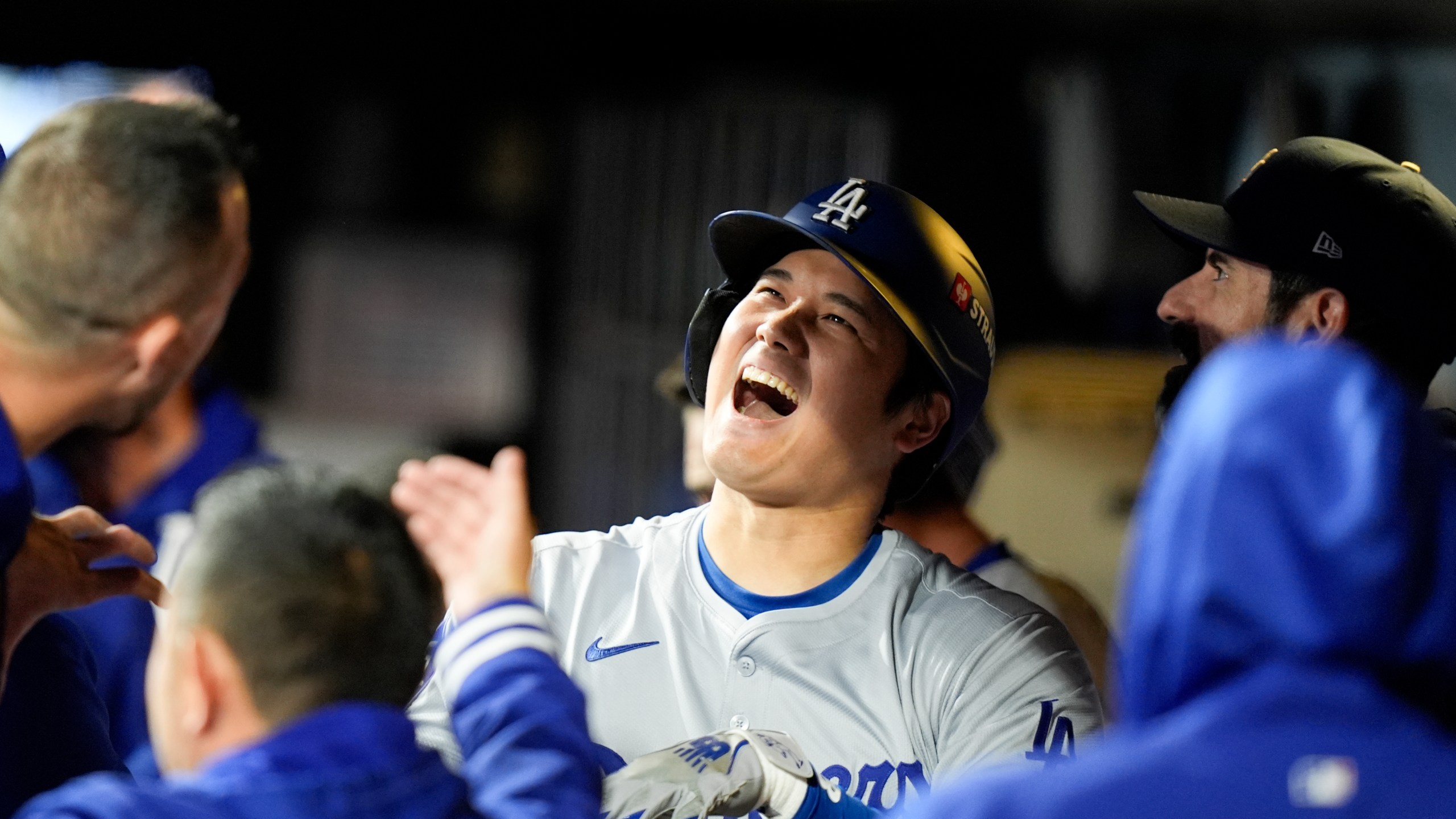 Los Angeles Dodgers' Shohei Ohtani celebrates after a home run against the New York Mets during the first inning in Game 4 of a baseball NL Championship Series, Thursday, Oct. 17, 2024, in New York. (AP Photo/Frank Franklin II)