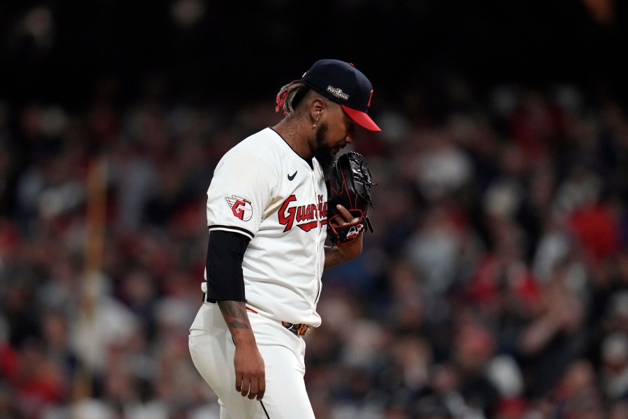 Cleveland Guardians relief pitcher Emmanuel Clase reacts after giving up a home run against the New York Yankees during the eighth inning in Game 3 of the baseball AL Championship Series Thursday, Oct. 17, 2024, in Cleveland.(AP Photo/Jeff Roberson)