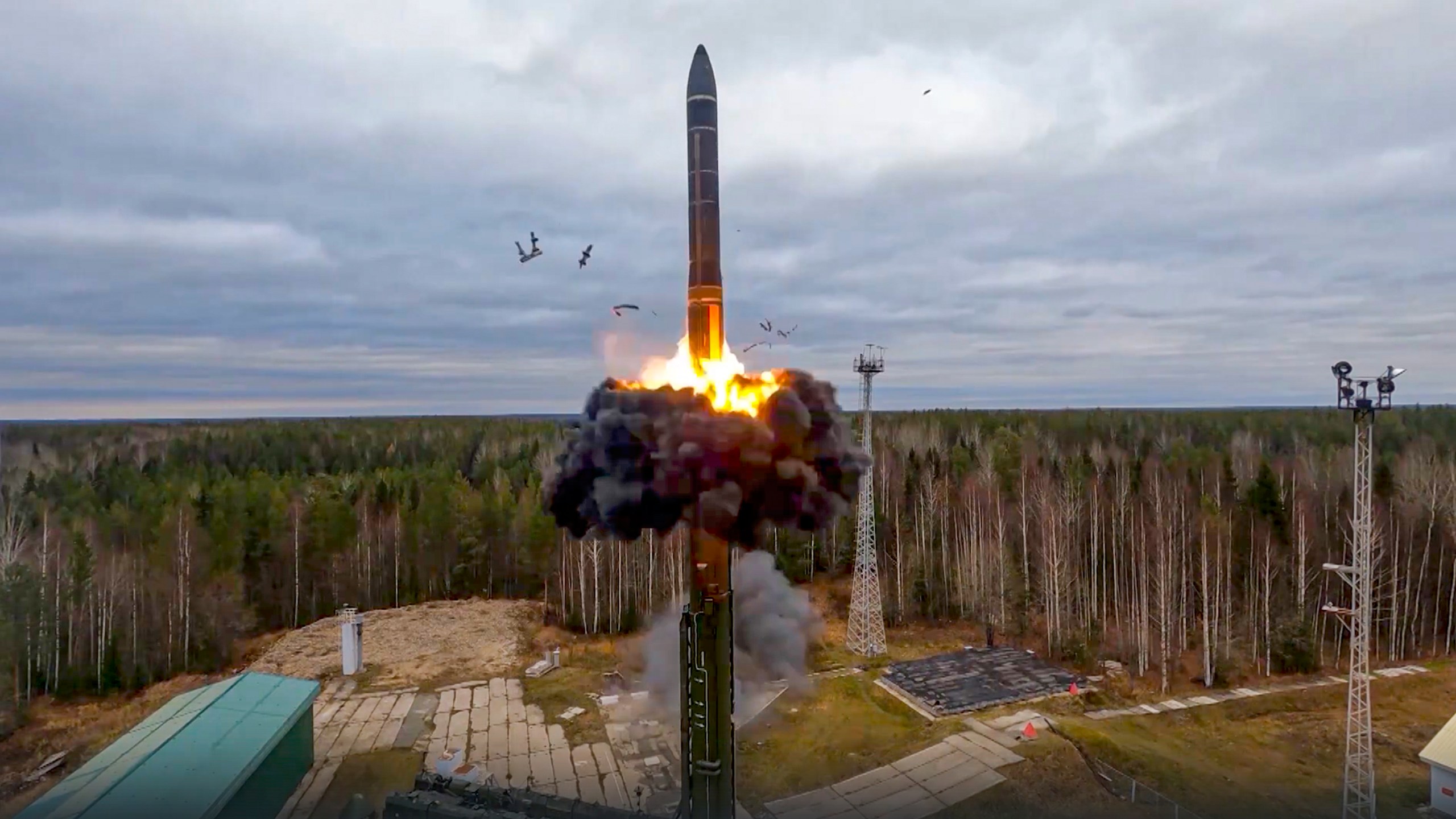 FILE - In this image taken from video released by Russian Defense Ministry Press Service on Oct. 26, 2022, a Yars intercontinental ballistic missile is test-fired as part of Russia's nuclear drills from a launch site in Plesetsk, northwestern Russia. (Russian Defense Ministry Press Service via AP, File)