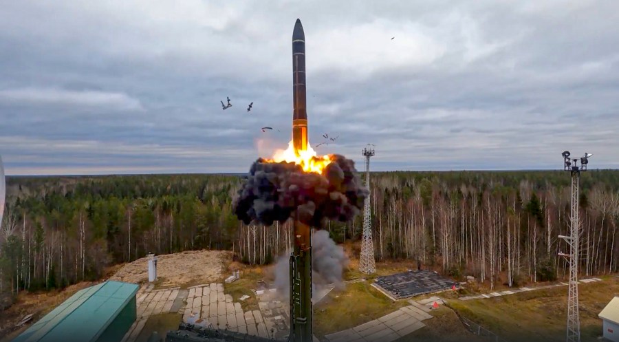 FILE - In this image taken from video released by Russian Defense Ministry Press Service on Oct. 26, 2022, a Yars intercontinental ballistic missile is test-fired as part of Russia's nuclear drills from a launch site in Plesetsk, northwestern Russia. (Russian Defense Ministry Press Service via AP, File)