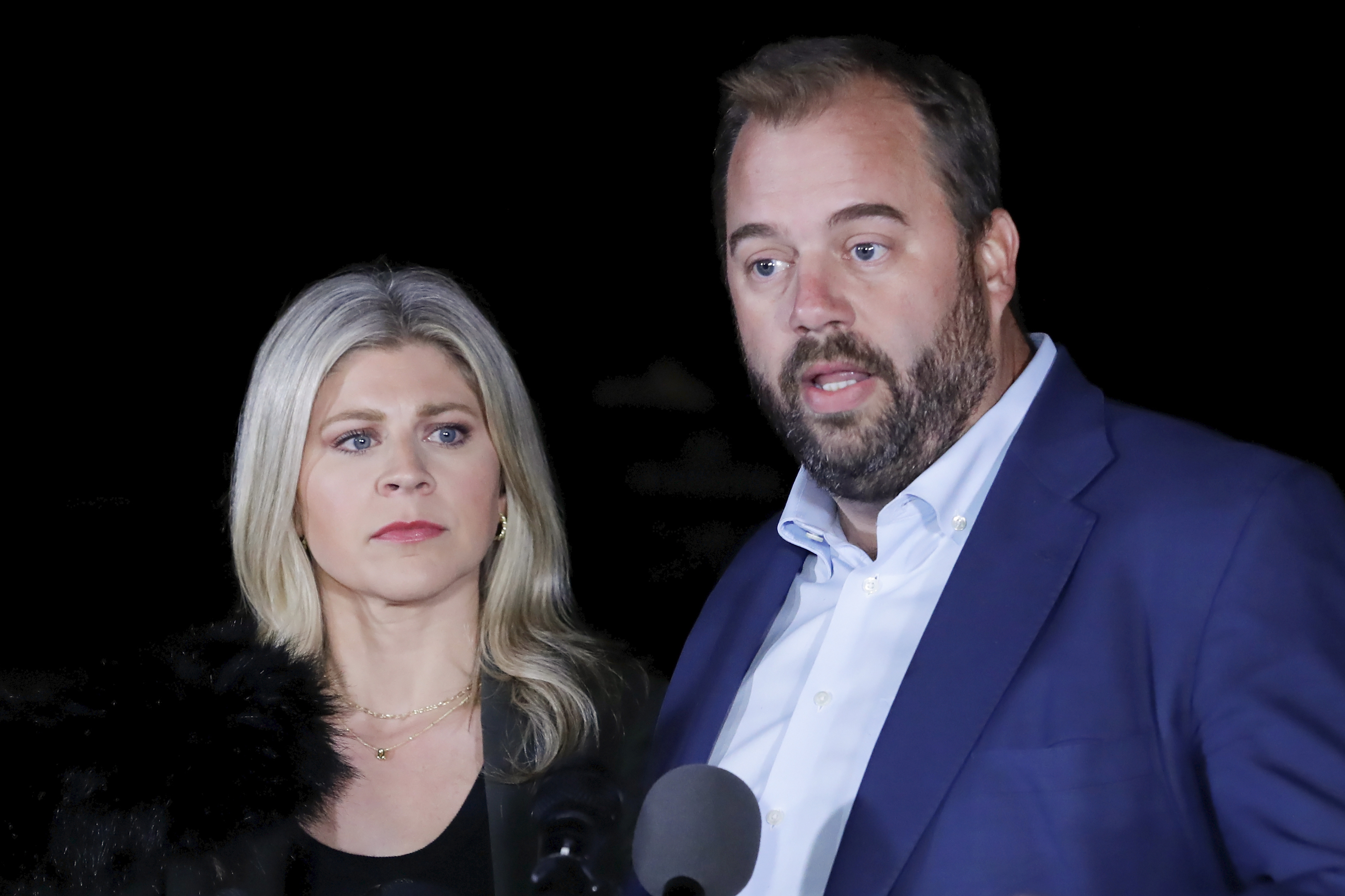 Texas state representatives Lacey Hull, left, and John Bucy III comment during a press conference after the stay granted by the Texas Supreme Court to halt the execution of Robert Roberson, at the Huntsville Unit of the Texas State Penitentiary, Thursday, Oct. 17, 2024, in Huntsville, Texas. (AP Photo/Michael Wyke)