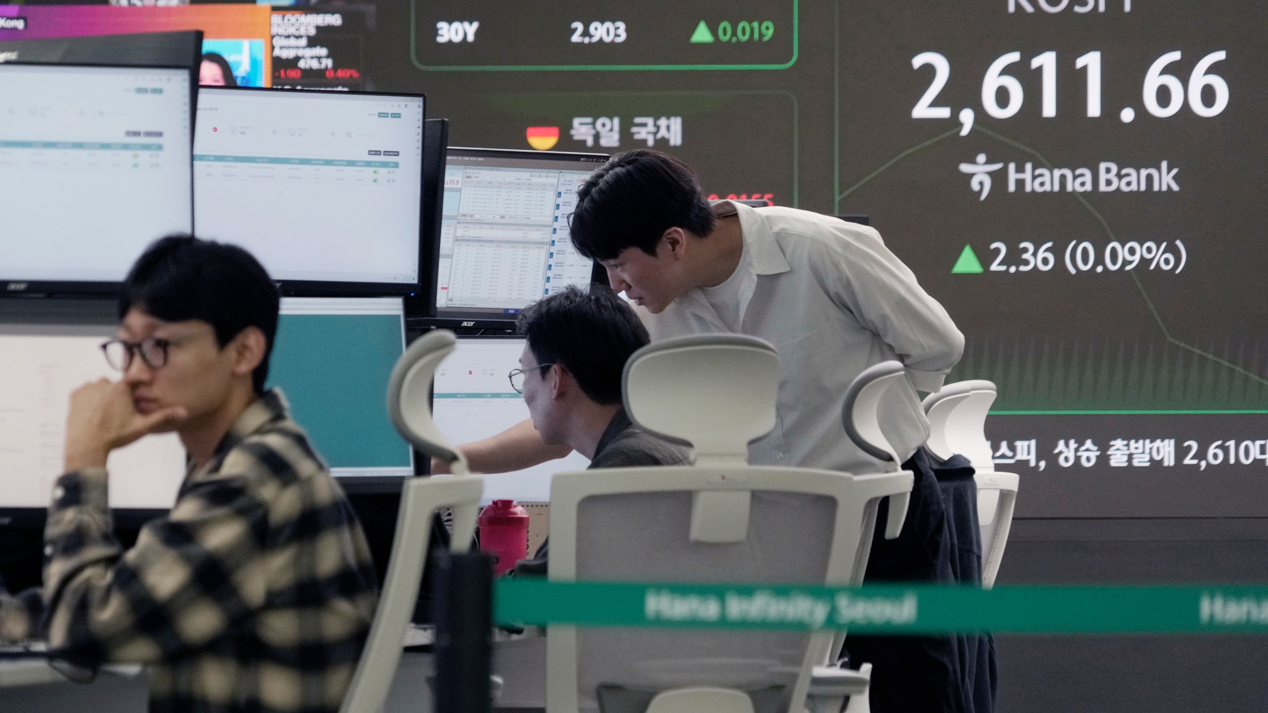 Currency traders watch monitors near a screen showing the Korea Composite Stock Price Index (KOSPI) at the foreign exchange dealing room of the KEB Hana Bank headquarters in Seoul, South Korea, Friday, Oct. 18, 2024. (AP Photo/Ahn Young-joon)