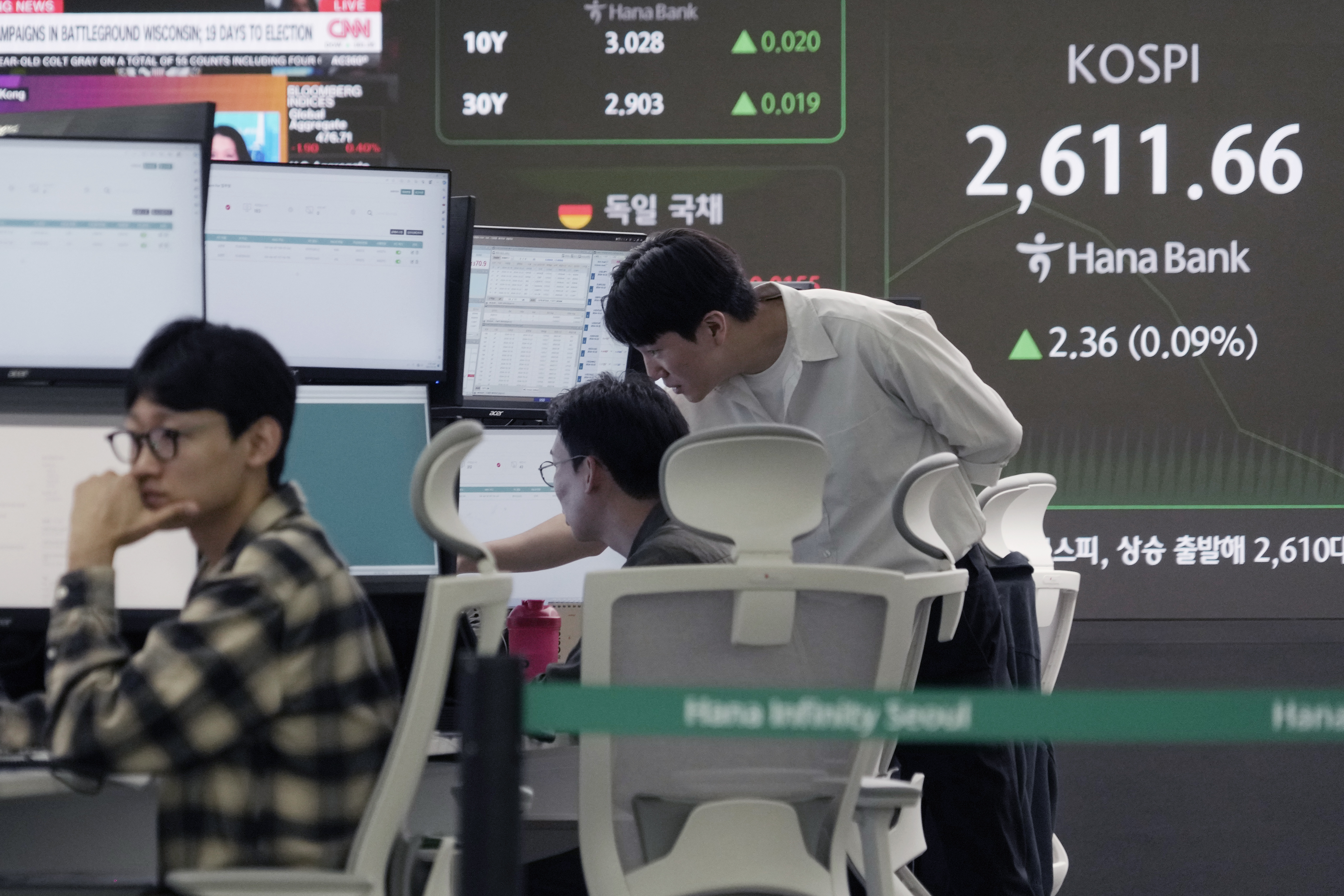 Currency traders watch monitors near a screen showing the Korea Composite Stock Price Index (KOSPI) at the foreign exchange dealing room of the KEB Hana Bank headquarters in Seoul, South Korea, Friday, Oct. 18, 2024. (AP Photo/Ahn Young-joon)