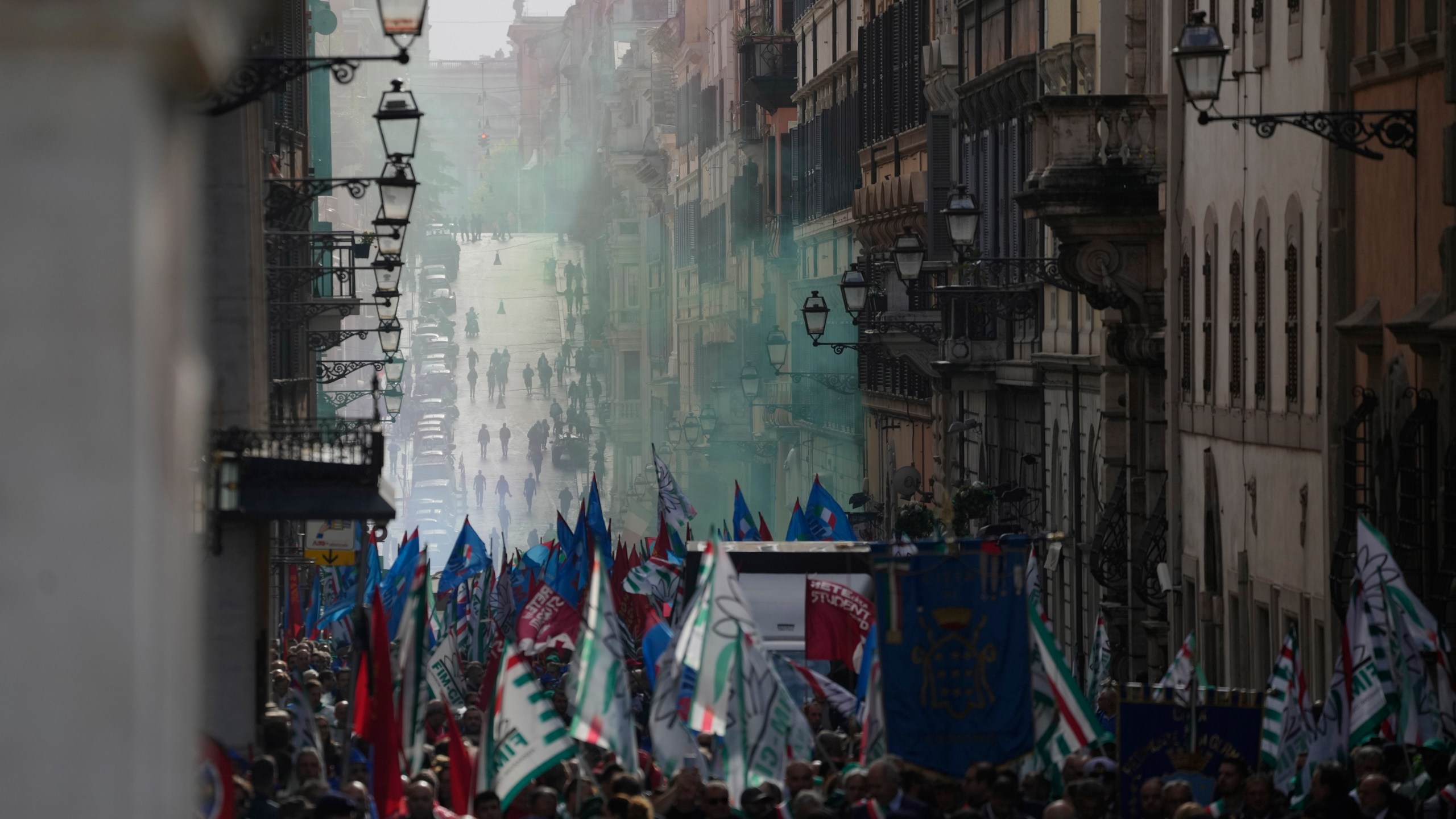 Workers of automotive sector march during a demonstration in Rome on the occasion of their national strike, Friday, Oct. 18, 2024. (AP Photo/Gregorio Borgia)