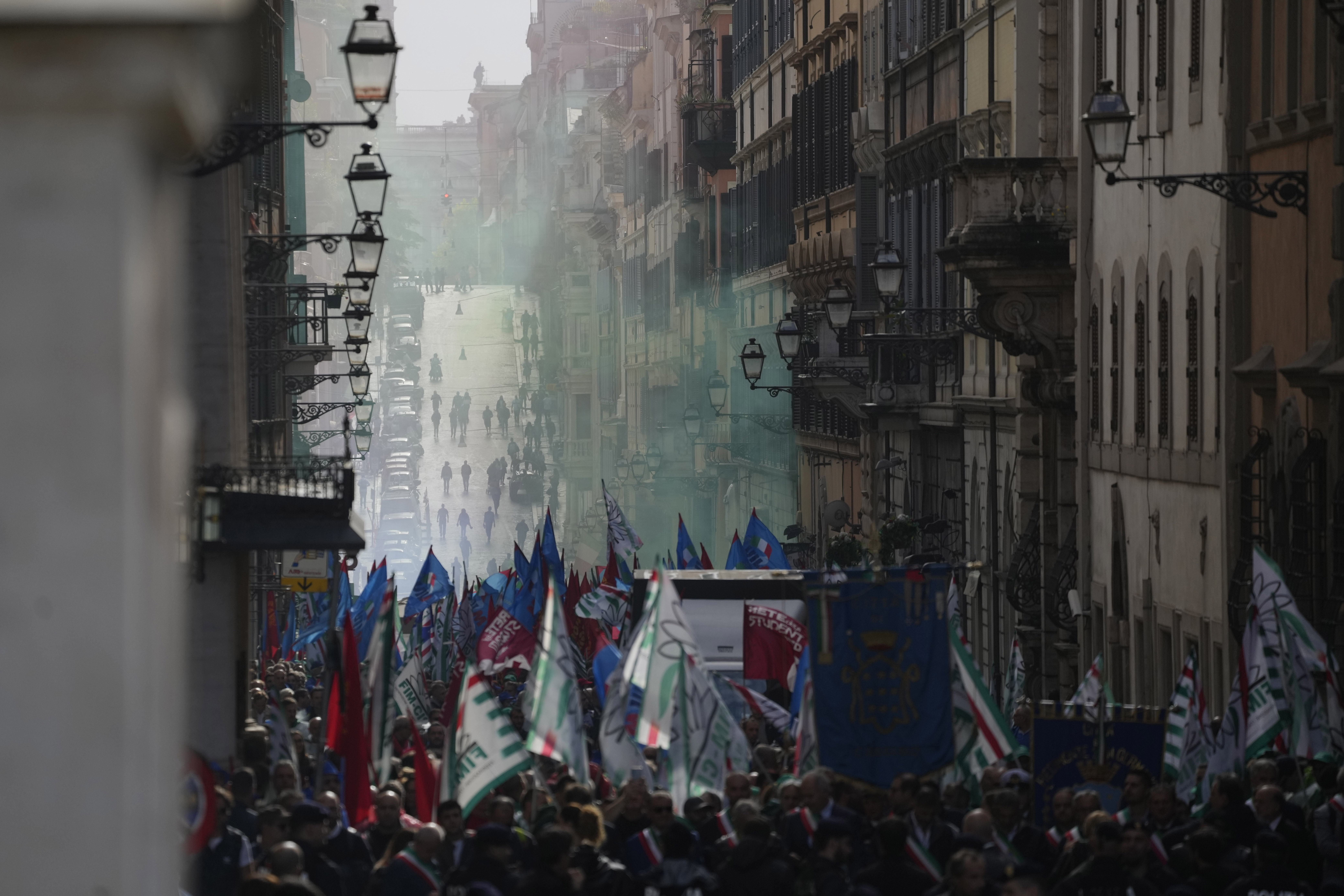 Workers of automotive sector march during a demonstration in Rome on the occasion of their national strike, Friday, Oct. 18, 2024. (AP Photo/Gregorio Borgia)