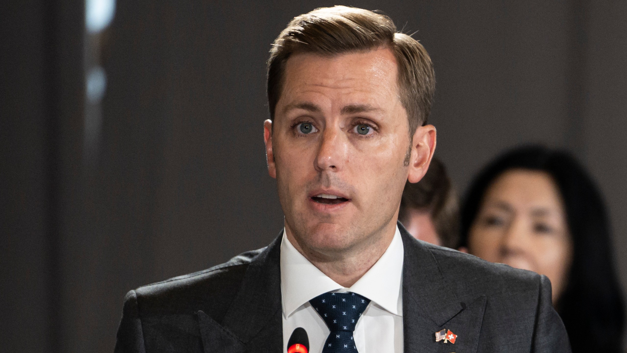 FILE - U.S. Ambassador to Switzerland Scott Miller gives a statement during the Ukraine Recovery Conference in Lugano, Switzerland, on July 5, 2022. (Alessandro della Valle/Keystone via AP, File)