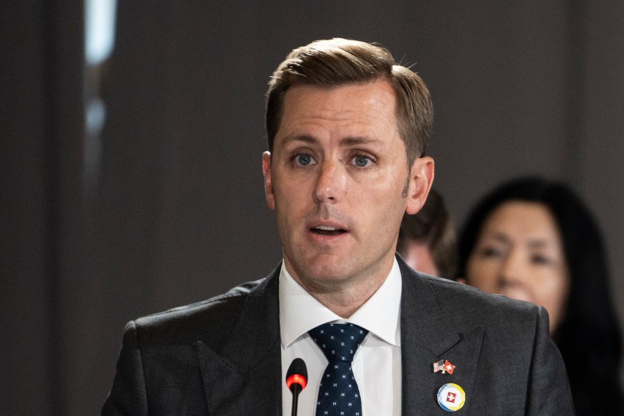 FILE - U.S. Ambassador to Switzerland Scott Miller gives a statement during the Ukraine Recovery Conference in Lugano, Switzerland, on July 5, 2022. (Alessandro della Valle/Keystone via AP, File)