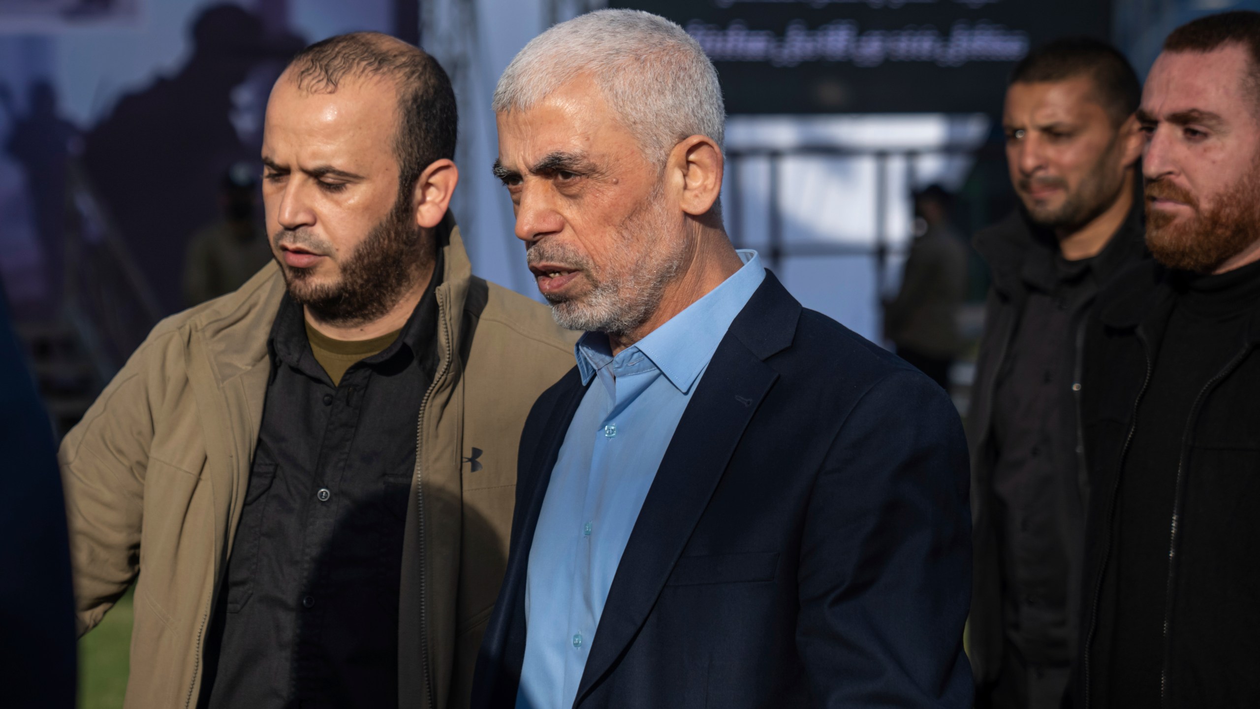 FILE - Yehiyeh Sinwar, head of Hamas in Gaza, attends a rally marking "Jerusalem Day," or Al-Quds Day, an annual celebration to support Palestinians in the holy city, at a soccer filed in Gaza City, on April 14, 2023. (AP Photo/Fatima Shbair, File)