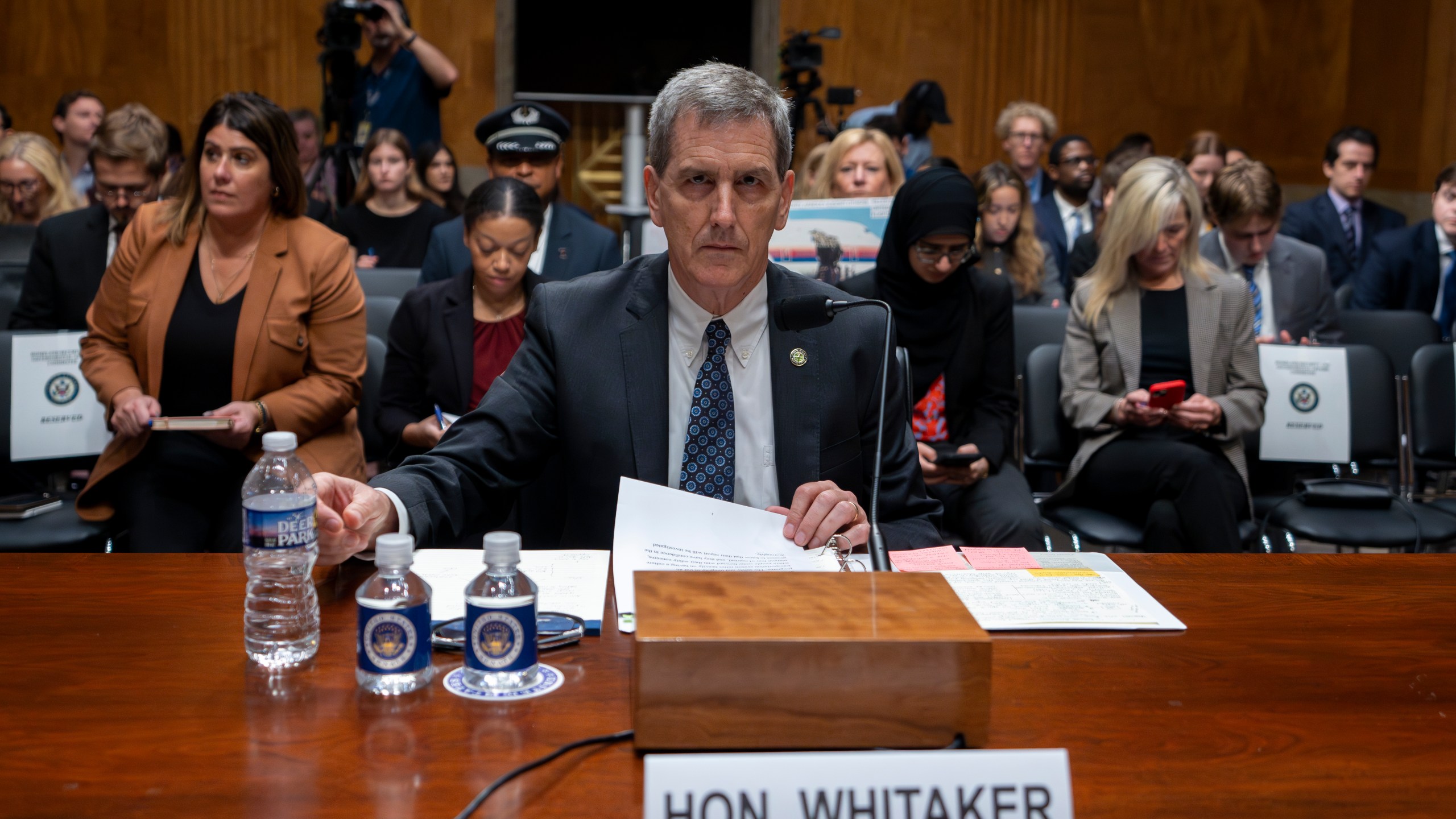 Federal Aviation Administration (FAA) Administrator Mike Whitaker prepares to testify before a Senate Committee on Homeland Security and Governmental Affairs, Subcommittee on Investigations, hearing on the FAA's oversight of Boeing, on Capitol Hill in Washington, Wednesday, Sept. 25, 2024. (AP Photo/Ben Curtis)