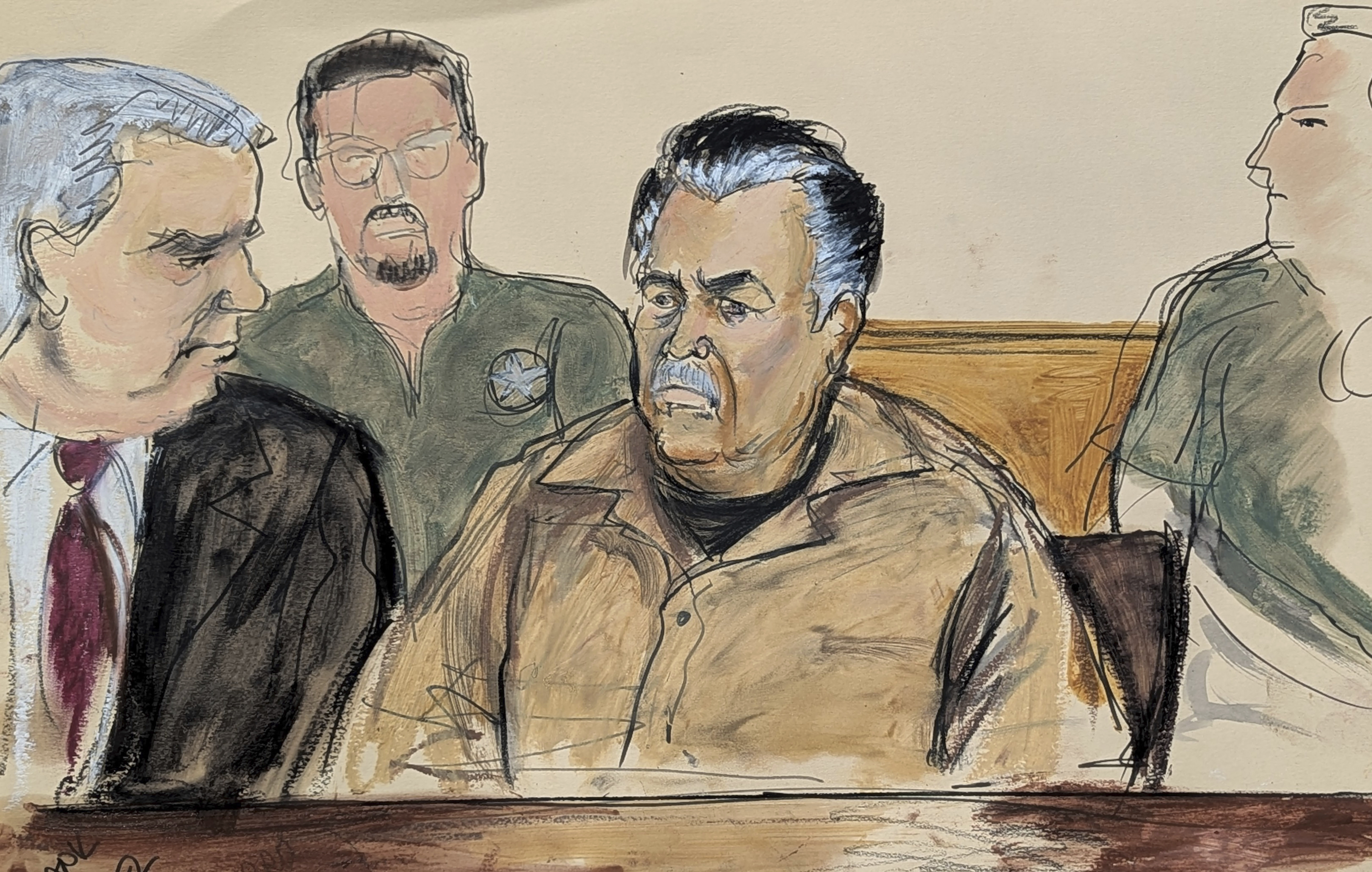 FILE - In this courtroom sketch, Ismael “El Mayo” Zambada, center, is seated beside his defense attorney Frank Perez, left, in federal court in the Brooklyn borough of New York, Sept. 13, 2024. (Elizabeth Williams via AP, File)