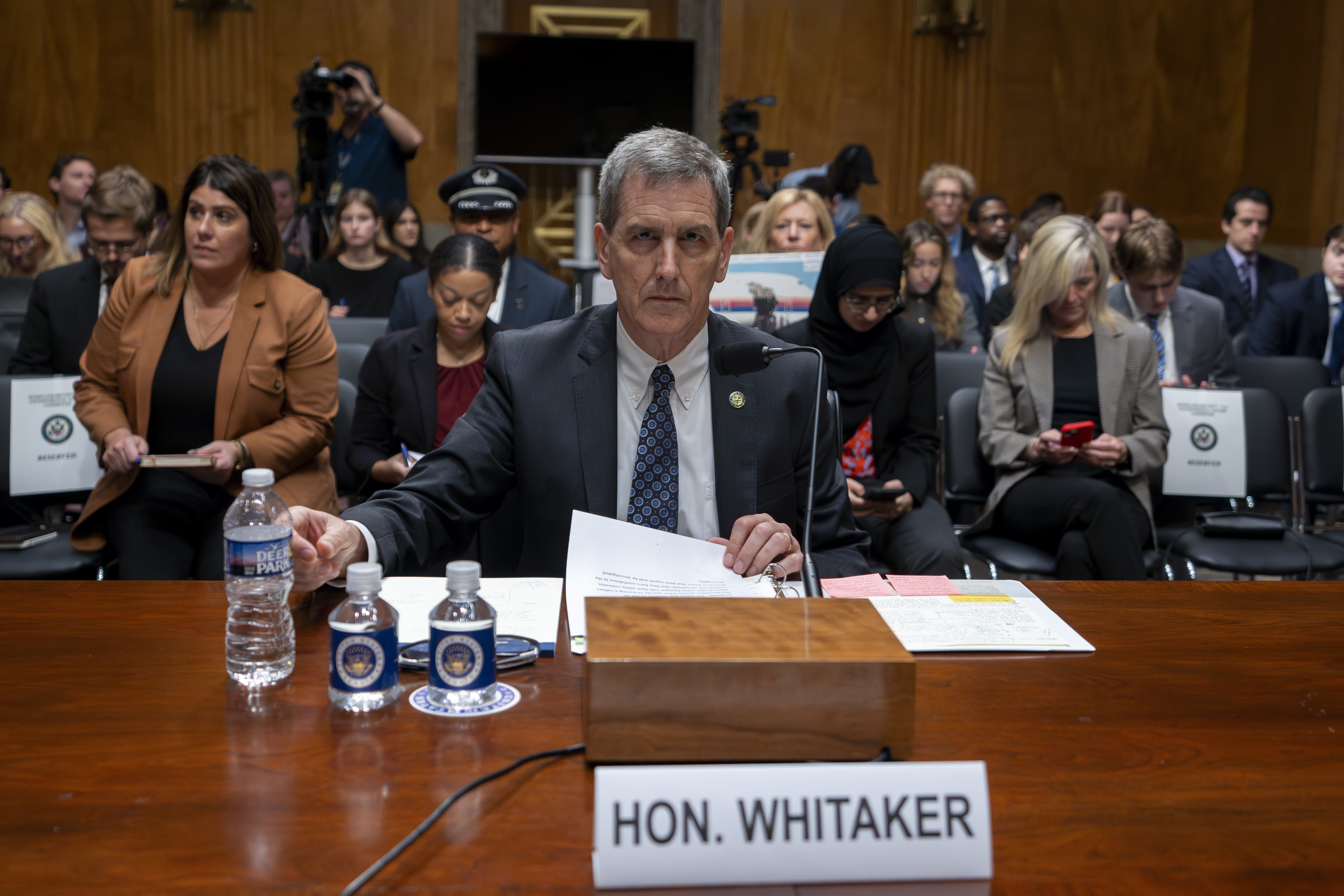 Federal Aviation Administration (FAA) Administrator Mike Whitaker prepares to testify before a Senate Committee on Homeland Security and Governmental Affairs, Subcommittee on Investigations, hearing on the FAA's oversight of Boeing, on Capitol Hill in Washington, Wednesday, Sept. 25, 2024. (AP Photo/Ben Curtis)