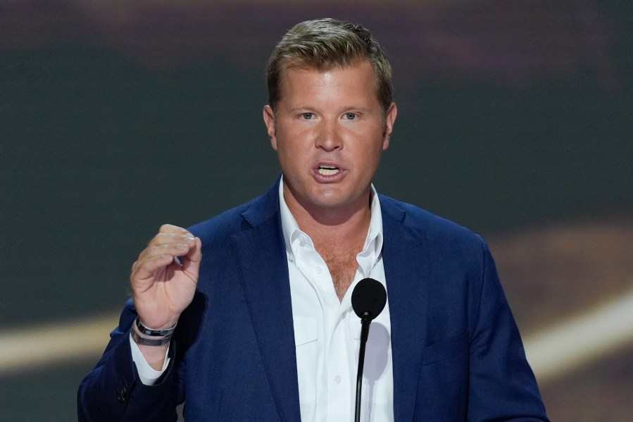 FILE - Tim Sheehy speaking during the second day of the Republican National Convention, July 16, 2024, in Milwaukee. (AP Photo/J. Scott Applewhite, File)