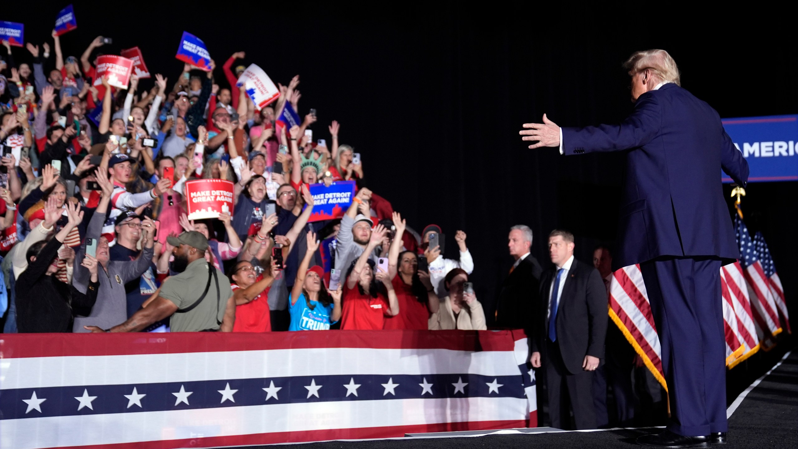 Republican presidential nominee former President Donald Trump arrives at a campaign rally, Friday, Oct. 18, 2024, in Detroit. (AP Photo/Evan Vucci)