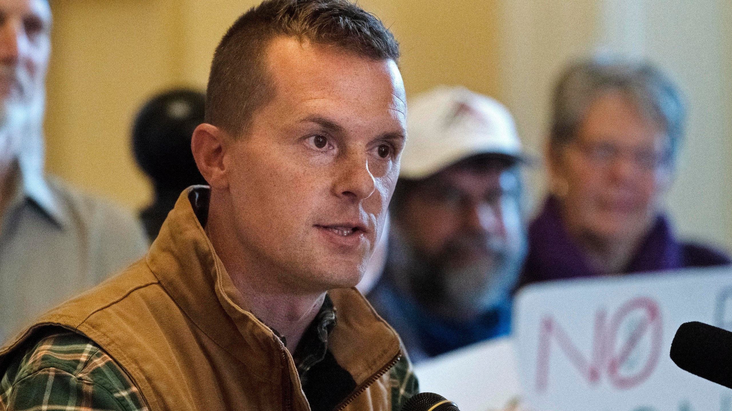 FILE - U.S. Rep. Jared Golden, D-Maine, speaks at a news conference, Nov. 1, 2022, at the Statehouse in Augusta, Maine. (AP Photo/Robert F. Bukaty, File)