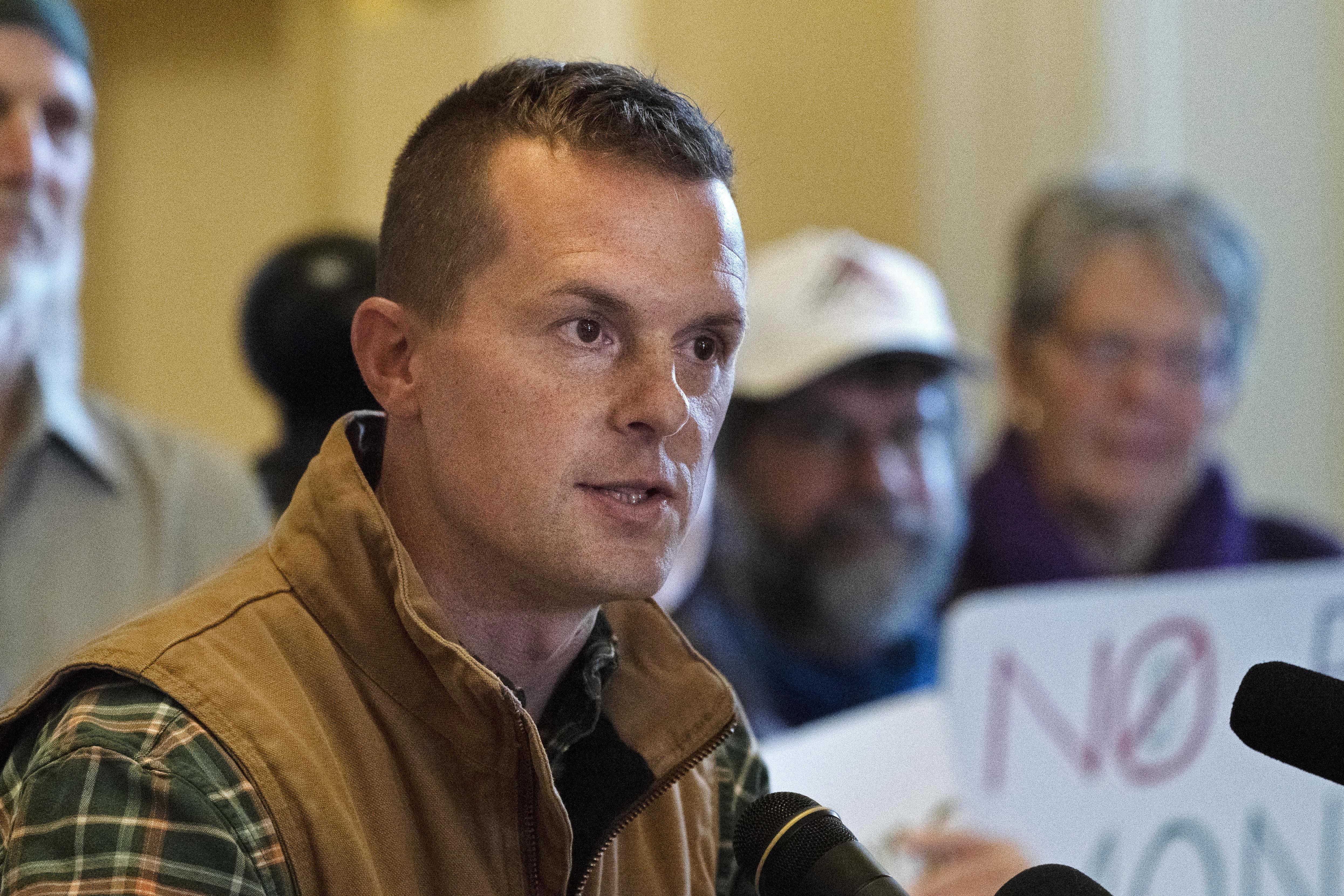 FILE - U.S. Rep. Jared Golden, D-Maine, speaks at a news conference, Nov. 1, 2022, at the Statehouse in Augusta, Maine. (AP Photo/Robert F. Bukaty, File)