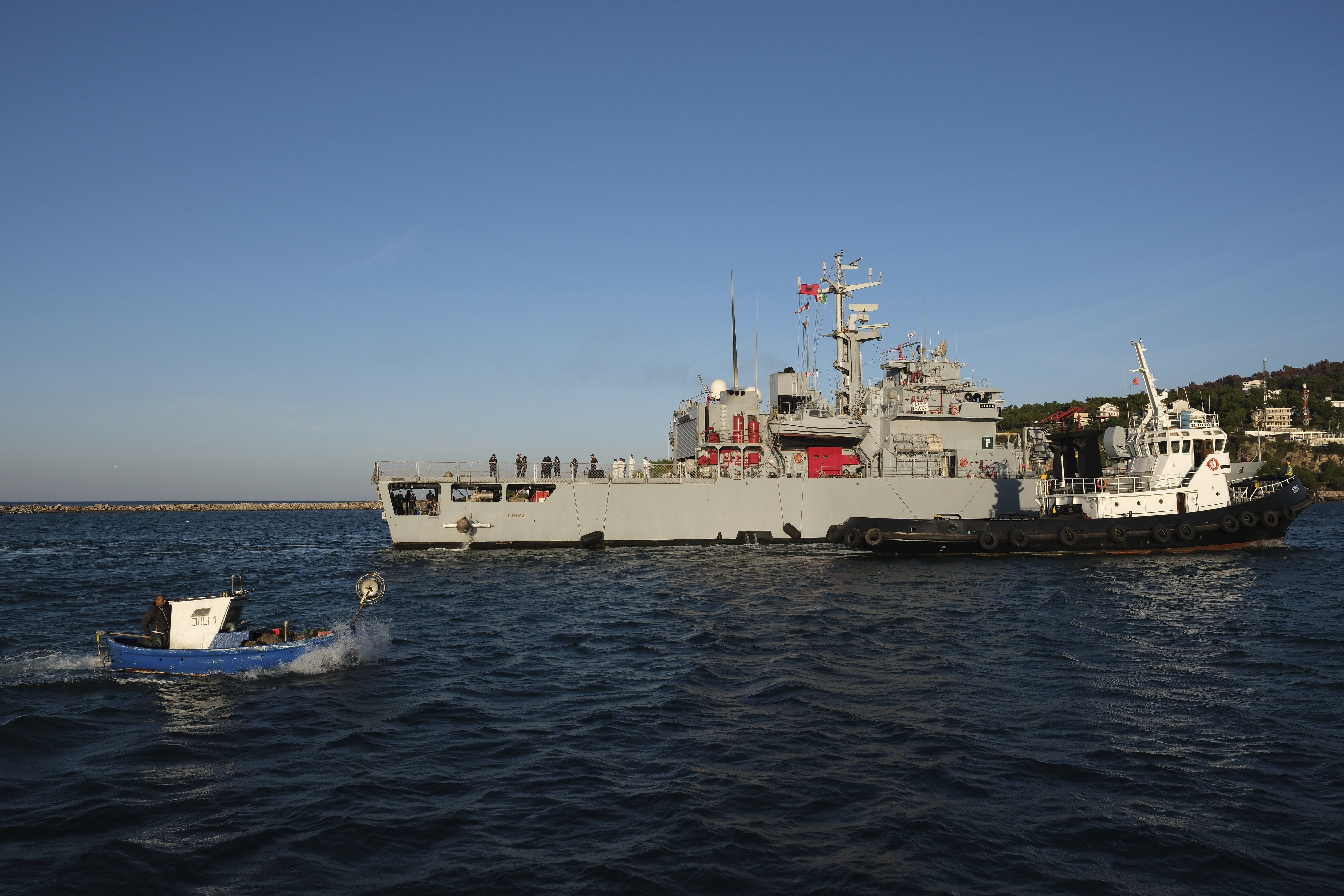 The Italian navy ship Libra as it arrives at the port of Shengjin, northwestern Albania Wednesday, Oct. 16, 2024, carrying the first group of migrants who were intercepted in international waters. (AP Photo/Vlasov Sulaj)