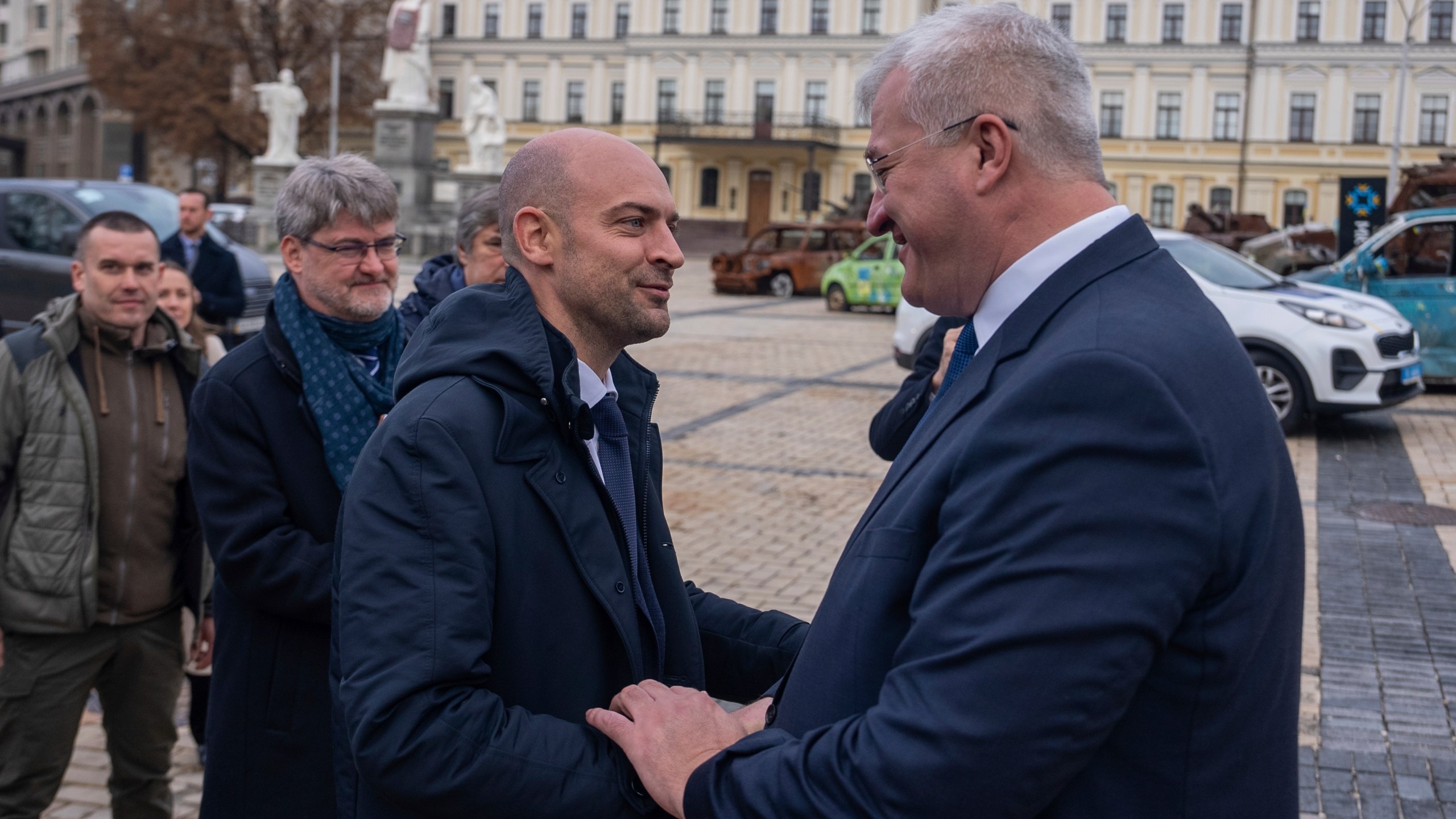 French Foreign Minister Jean-Noel Barrot shakes hands with Ukrainian Foreign Minister Andrii Sybiha in central Kyiv, Ukraine, Saturday, Oct. 19, 2024. (AP Photo/Alex Babenko)