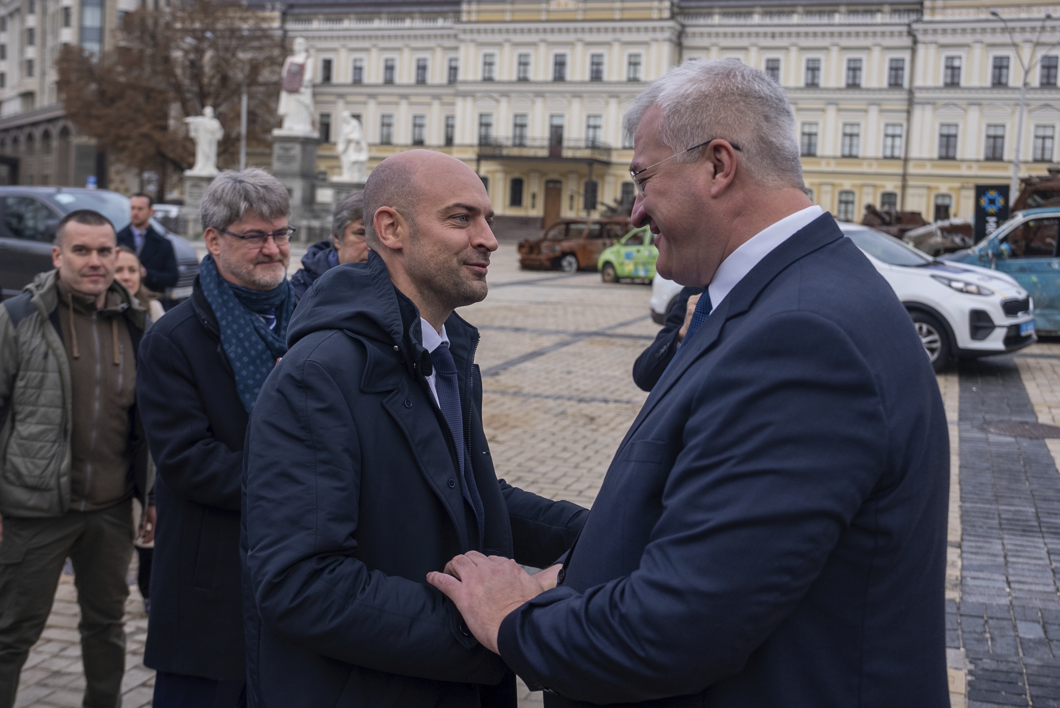 French Foreign Minister Jean-Noel Barrot shakes hands with Ukrainian Foreign Minister Andrii Sybiha in central Kyiv, Ukraine, Saturday, Oct. 19, 2024. (AP Photo/Alex Babenko)