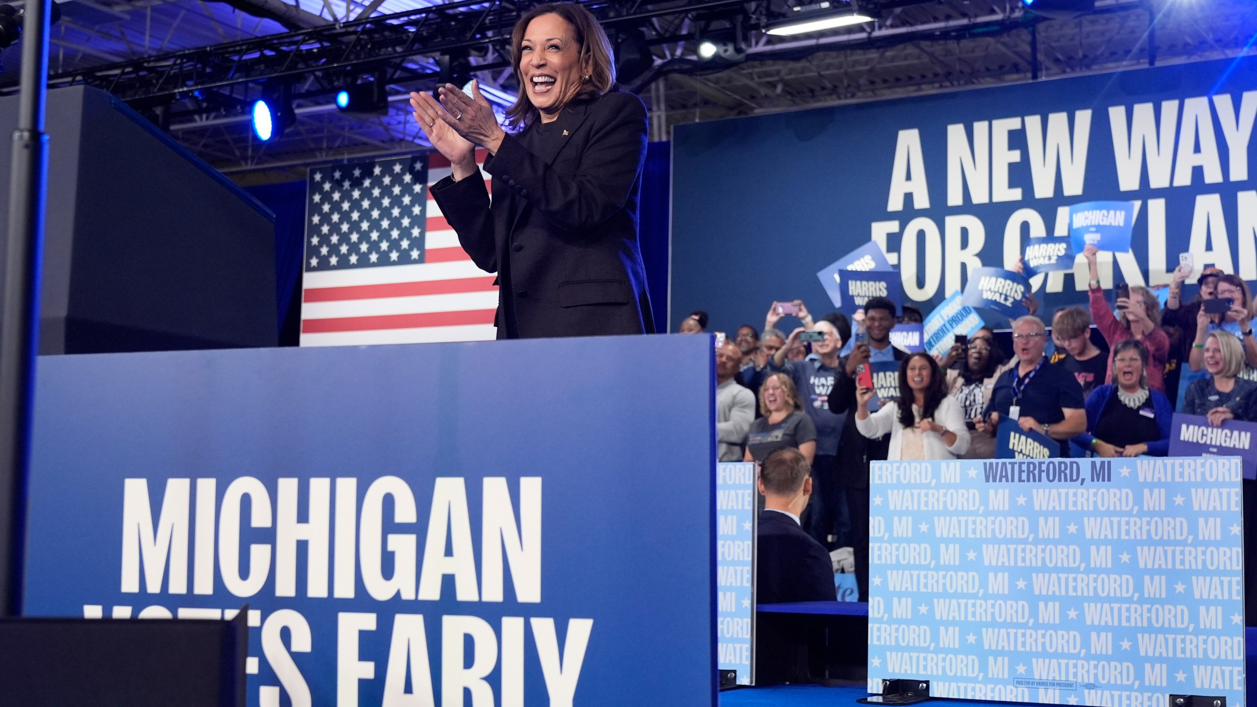 Democratic presidential nominee Vice President Kamala Harris arrives to speak during a campaign event at the Oakland Expo Center, in Oakland County, Mich., Friday, Oct. 18, 2024. (AP Photo/Jacquelyn Martin)