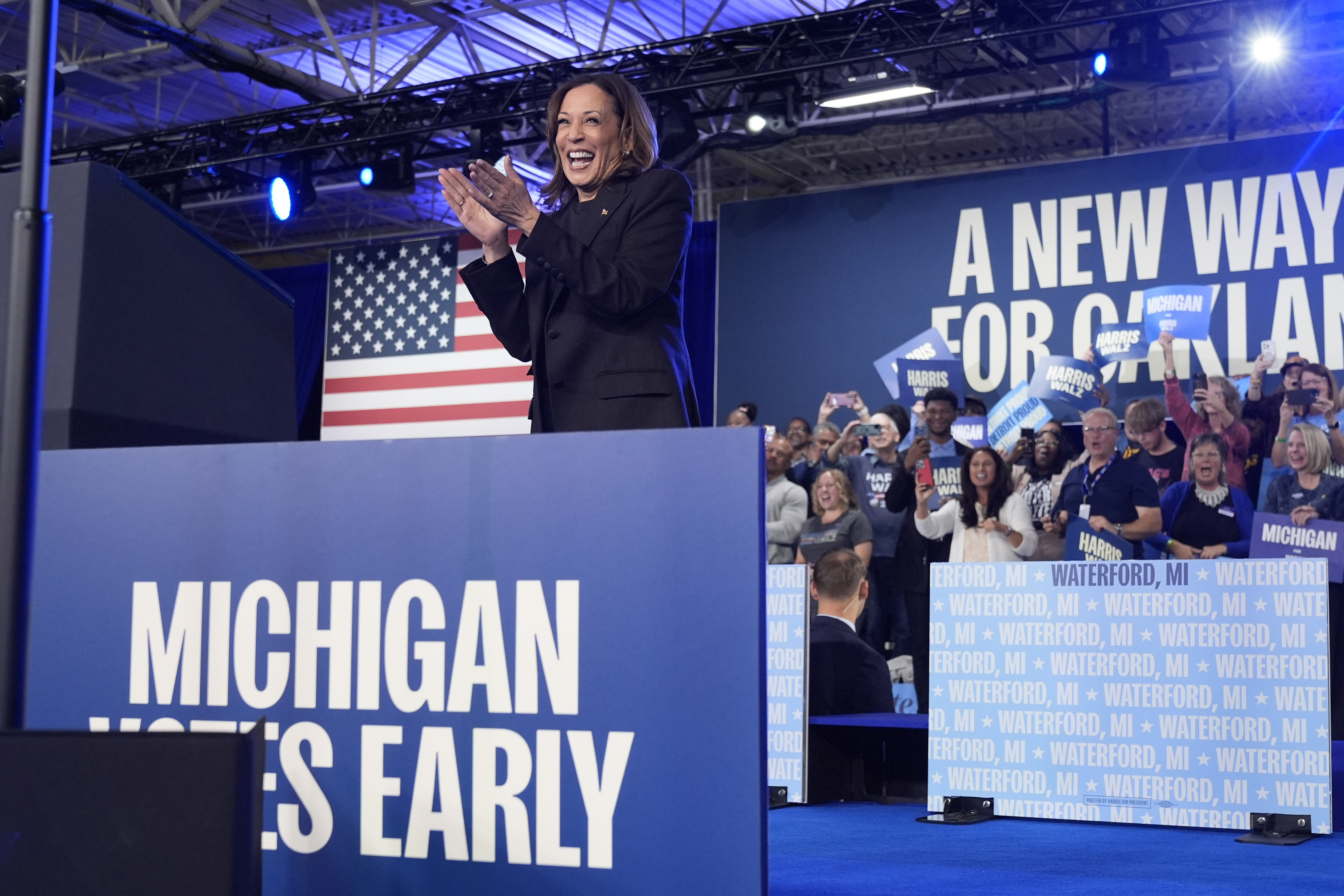 Democratic presidential nominee Vice President Kamala Harris arrives to speak during a campaign event at the Oakland Expo Center, in Oakland County, Mich., Friday, Oct. 18, 2024. (AP Photo/Jacquelyn Martin)