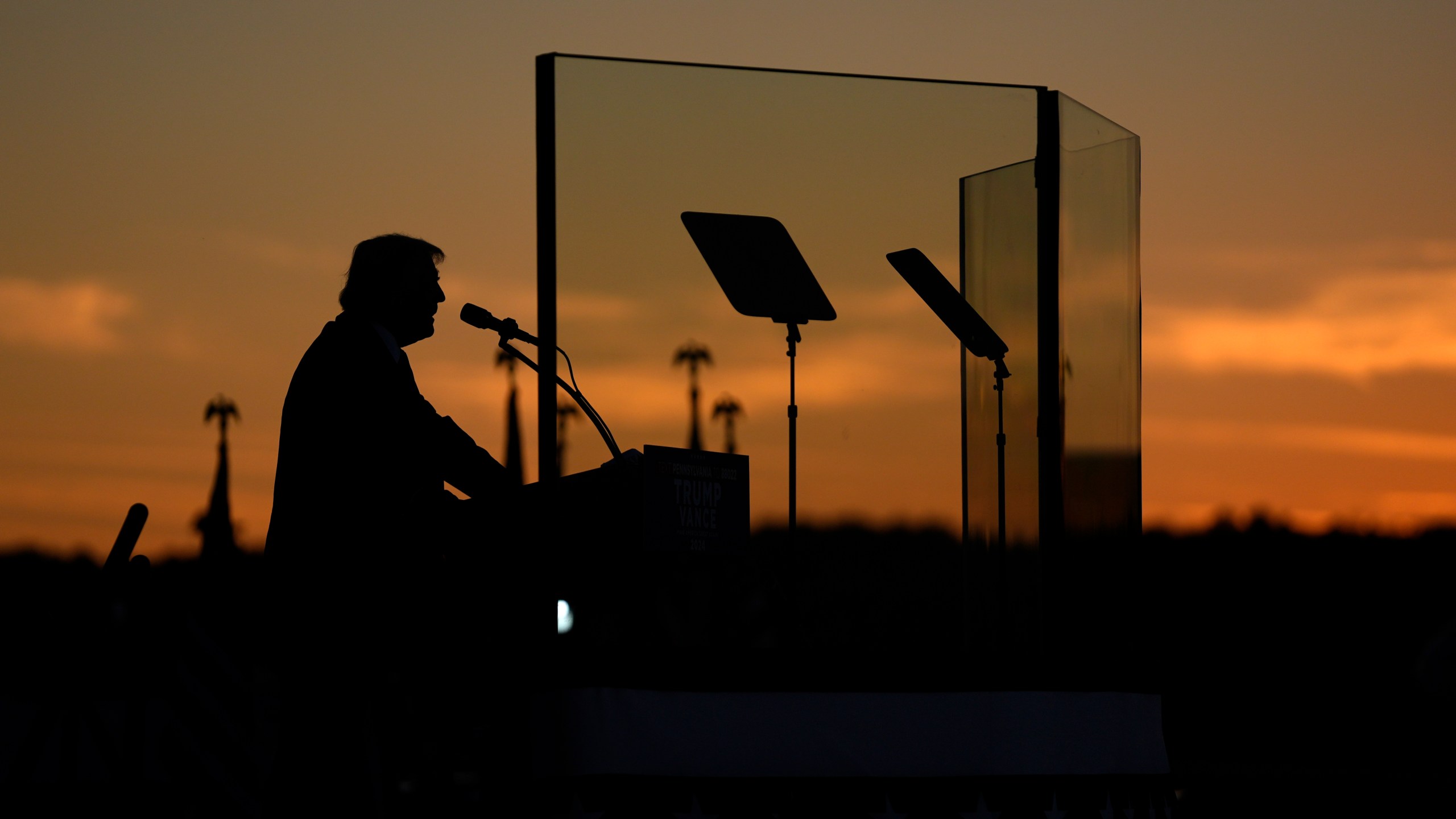 Republican presidential nominee former President Donald Trump speaks during a campaign rally at Arnold Palmer Regional Airport, Saturday, Oct. 19, 2024, in Latrobe, Pa. (AP Photo/Evan Vucci)