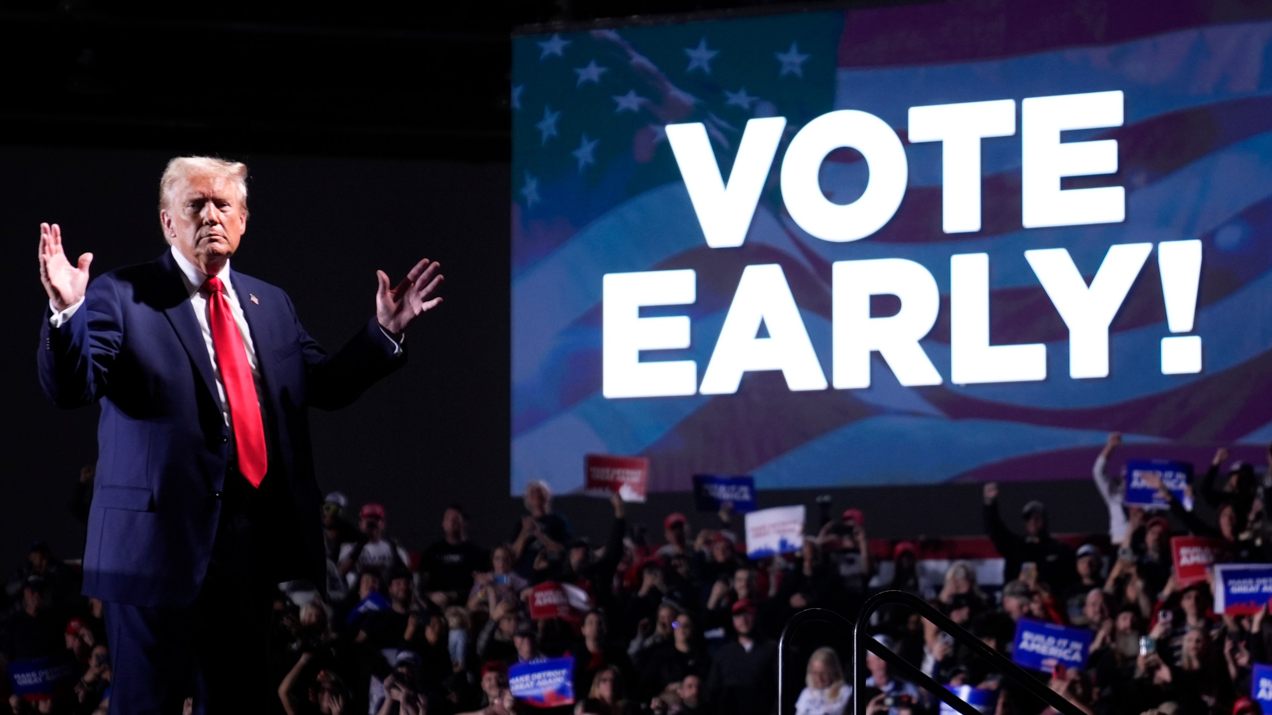 Republican presidential nominee former President Donald Trump gestures after speaking at a campaign rally, Friday, Oct. 18, 2024, in Detroit. (AP Photo/Evan Vucci)