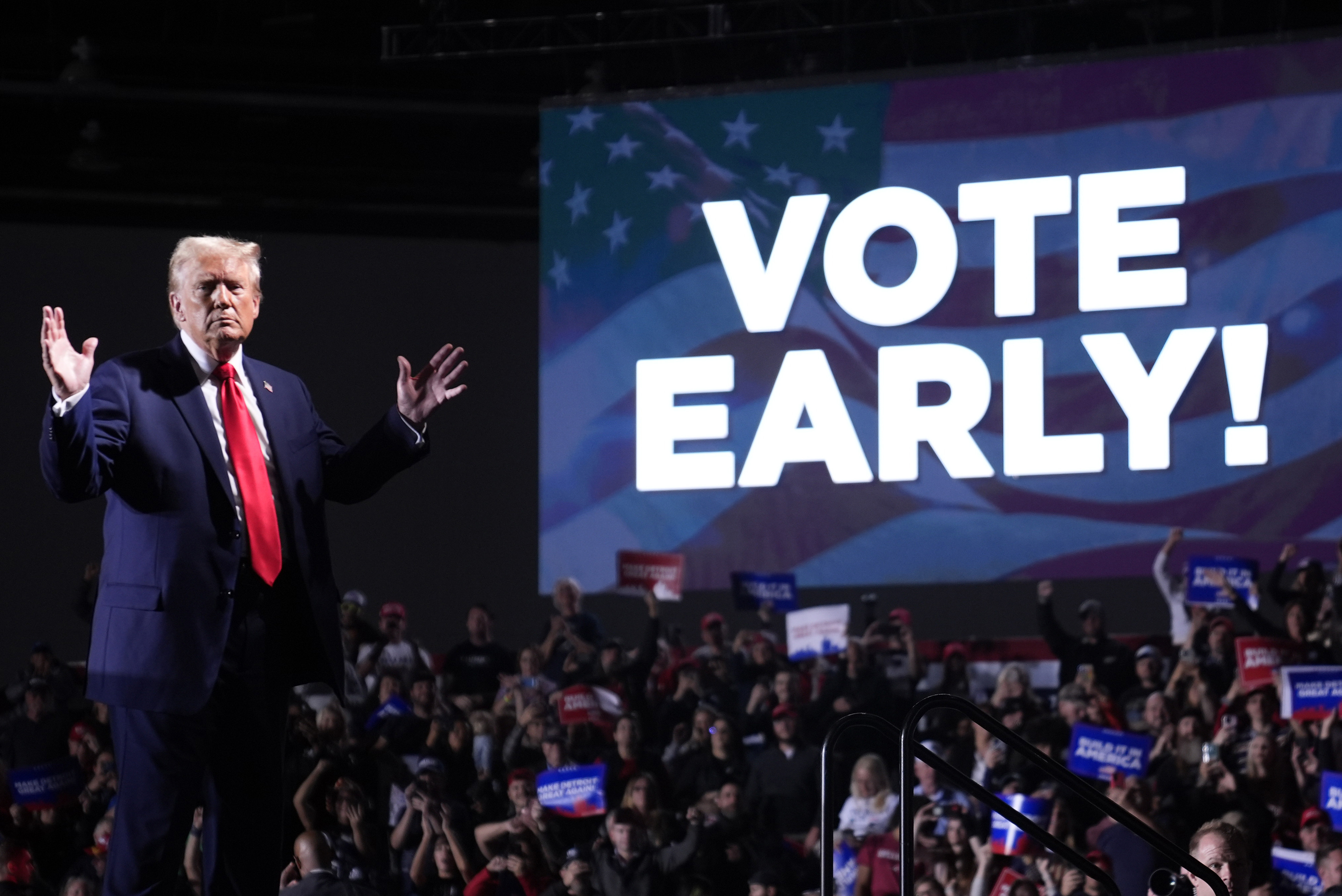 Republican presidential nominee former President Donald Trump gestures after speaking at a campaign rally, Friday, Oct. 18, 2024, in Detroit. (AP Photo/Evan Vucci)