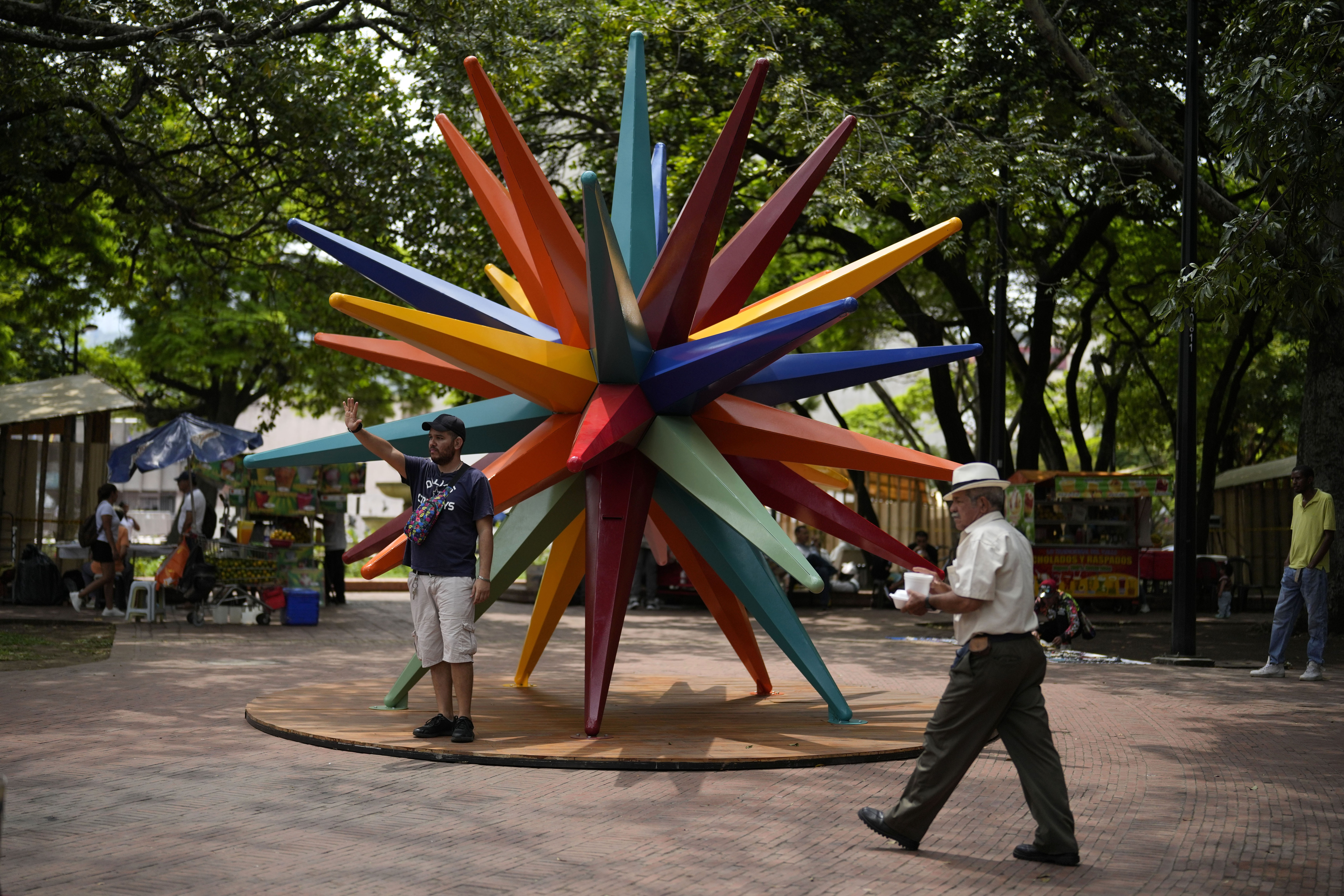 A sculpture adorns the green zone, a day ahead of the COP16 United Nations biodiversity conference, in host city Cali, Colombia, Saturday, Oct. 19, 2024. (AP Photo/Fernando Vergara)