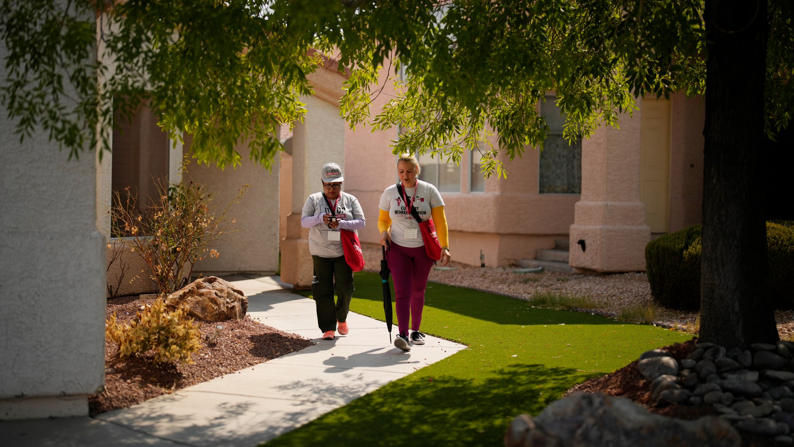 Florisela Lopez Rivera, left, canvasses with fellow Culinary Workers Union member Suldenil Alvarez, Tuesday, Sept. 10, 2024, in Las Vegas. Originally from El Salvador, Lopez Rivera recently gained permanent U.S. residency after her wife became a citizen. (AP Photo/John Locher)