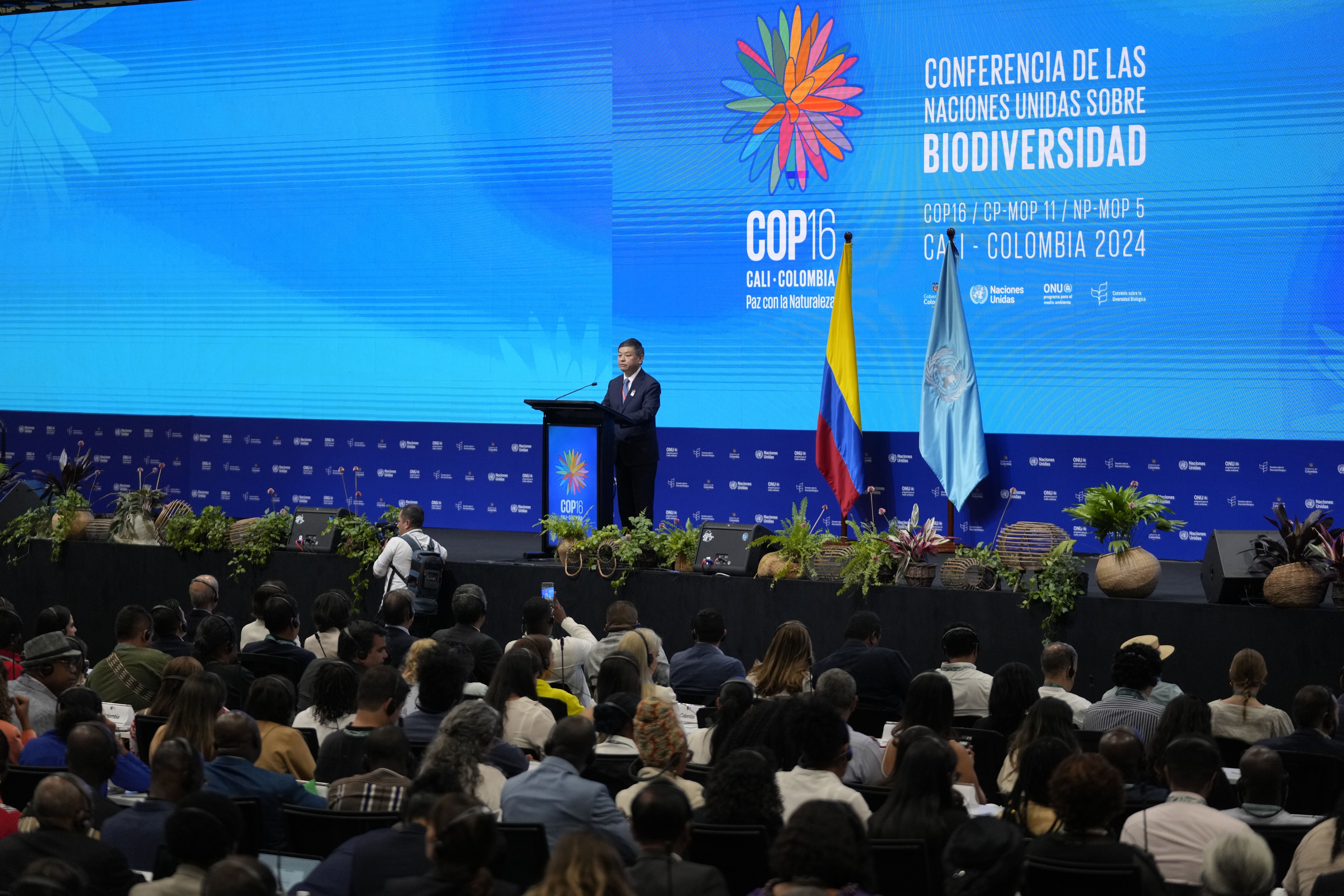 Huang Runqiu, China's minister of ecology and environment, delivers a speech at the opening ceremony of COP16, a United Nations' biodiversity conference, in Cali, Colombia, Sunday, Oct. 20, 2024. (AP Photo/Fernando Vergara)