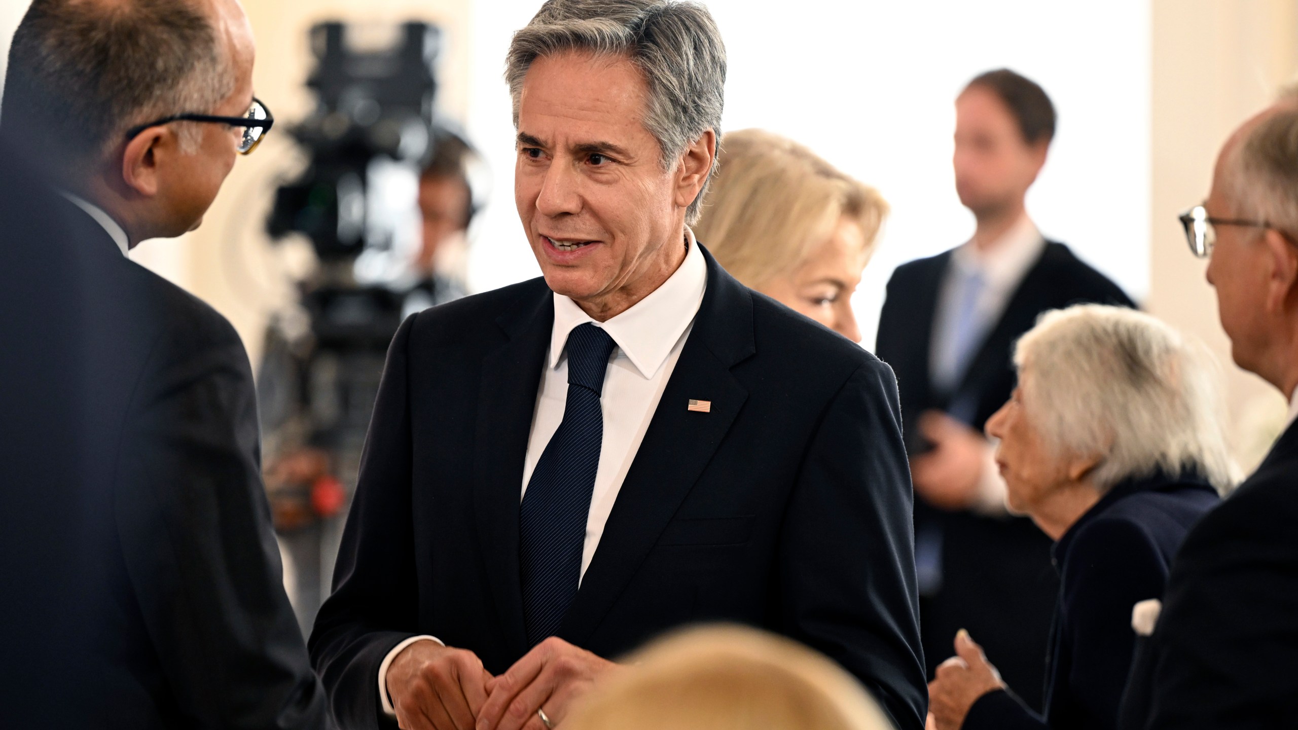 U.S. Secretary of State Anthony Blinken attends a reception for U.S. President Joe Biden in Bellevue Palace, Berlin, Friday Oct. 18, 2024. (Annette Riedl/dpa via AP)