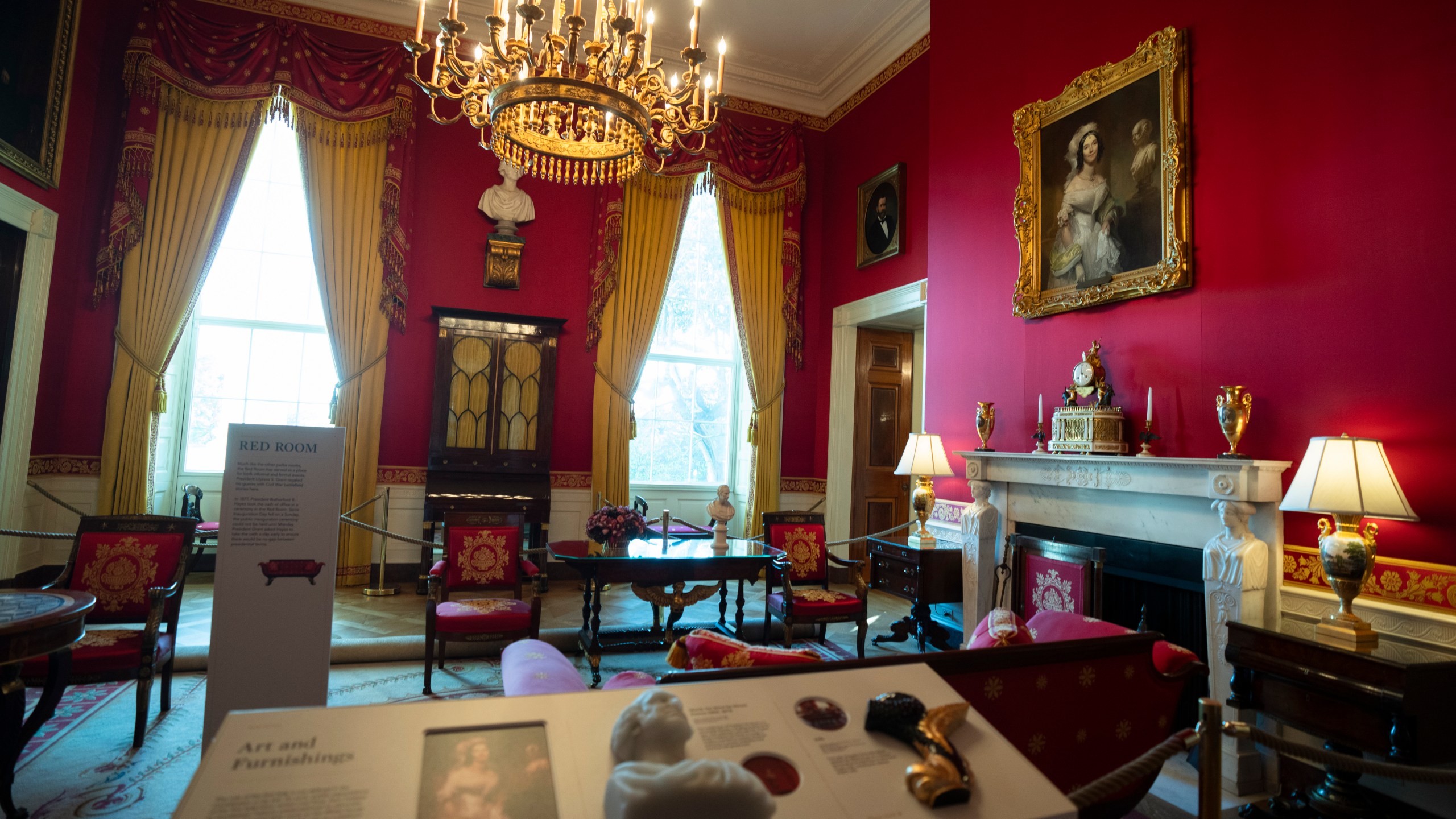 The Red Room is shown Friday, Oct. 18, 2024 in Washington in preparation for first lady Jill Biden's unveiling of the updated White House Public Tour on Monday, Oct. 21, 2024. (AP Photo/Manuel Balce Ceneta)