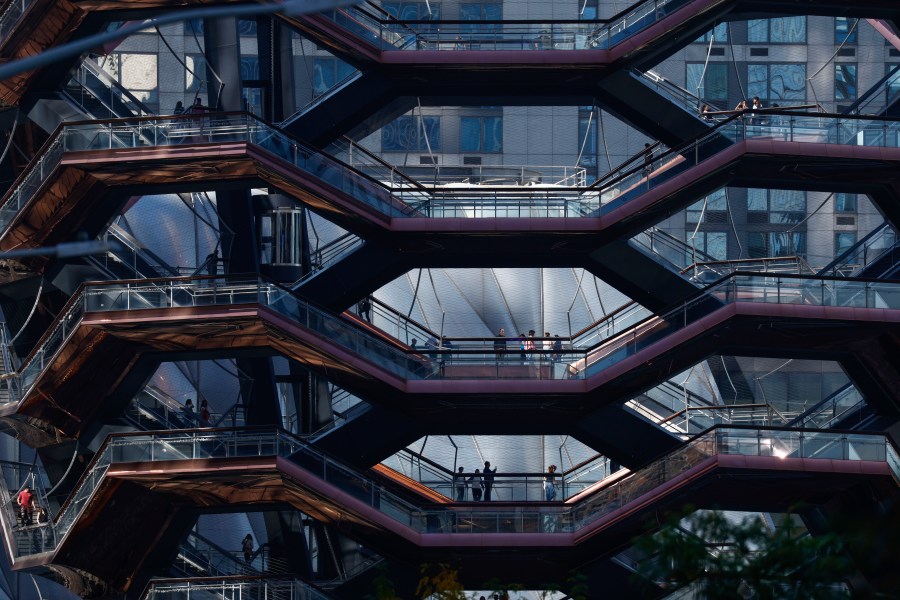 People visit the Vessel as it reopens with safety features in New York, Monday, Oct. 21, 2024. (AP Photo/Kena Betancur)