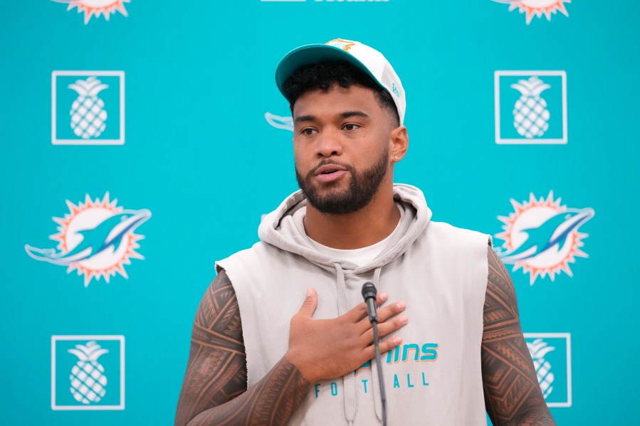 Miami Dolphins quarterback Tua Tagovailoa speaks during an NFL football news conference, Monday, Oct. 21, 2024, at the Dolphins training facility in Miami Gardens, Fla. (AP Photo/Wilfredo Lee)