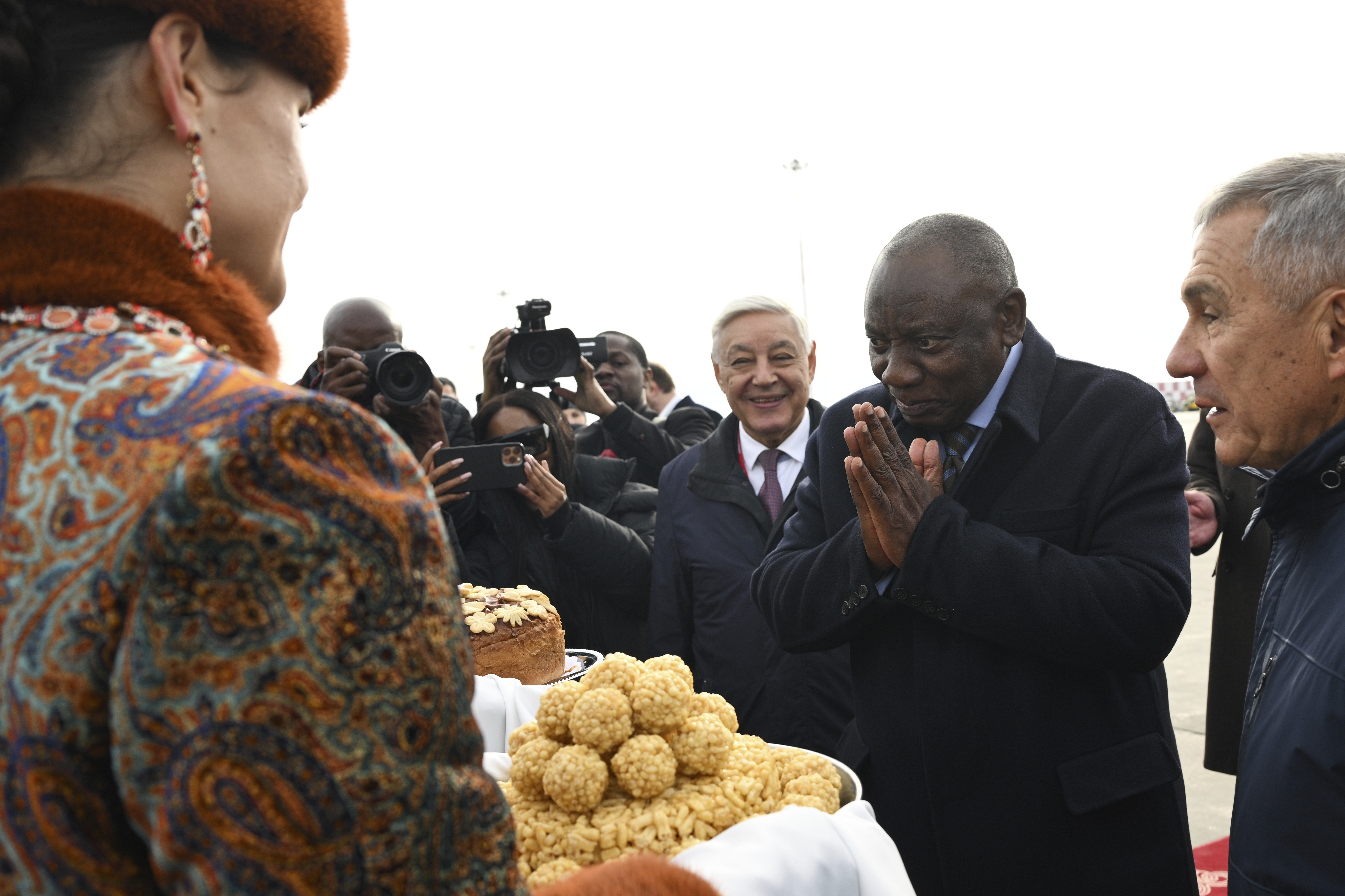 South African President Cyril Ramaphosa, 2nd right, arrives at Kazan International Airport prior to the BRICS summit in Kazan, Russia, Tuesday, Oct. 22, 2024. (Kirill Zykov/Photo host brics-russia2024.ru via AP)