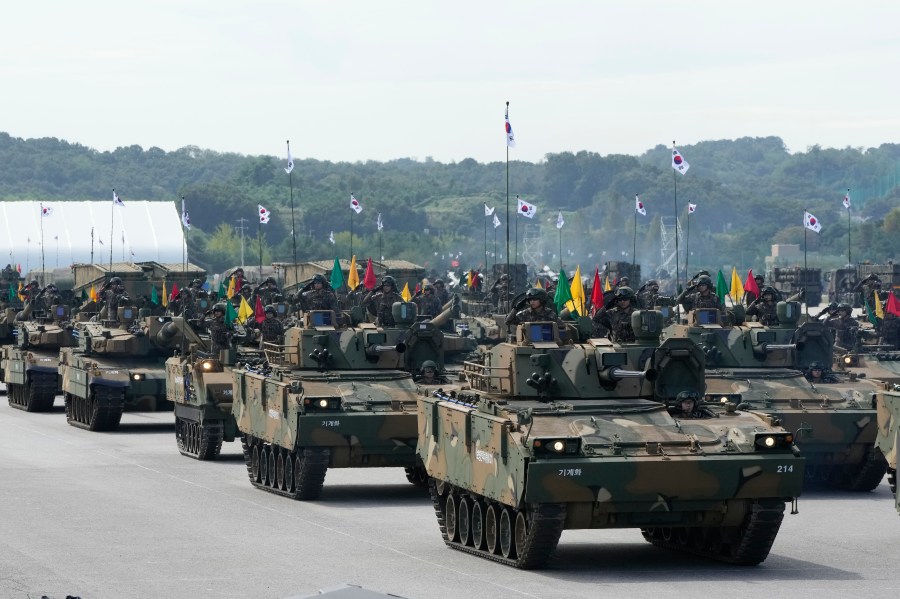 FILE - South Korean mechanized unit personnel parade with their armored vehicles during the media day for the 76th anniversary of Armed Forces Day at Seoul air base in Seongnam, South Korea, on Sept. 25, 2024. (AP Photo/Ahn Young-joon, File)