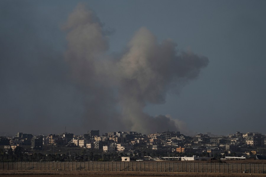 File - Smoke rises following Israeli bombardment on the Gaza Strip, as seen from southern Israel, Sunday, Oct. 20, 2024. (AP Photo/Tsafrir Abayov, File)