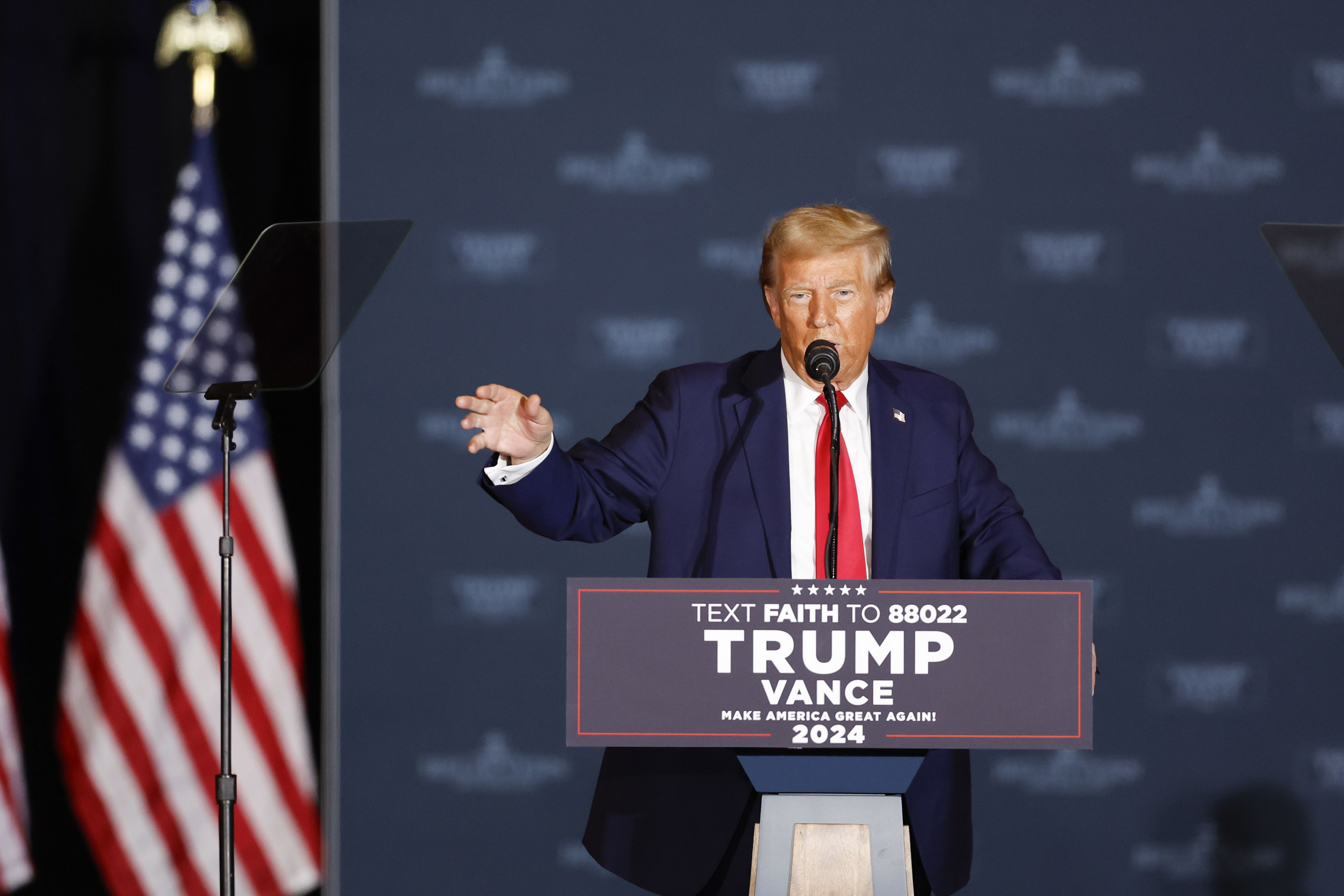 Republican presidential nominee former President Donald Trump speaks at a campaign rally in Concord, N.C., Monday, Oct. 21, 2024. (AP Photo/Nell Redmond)