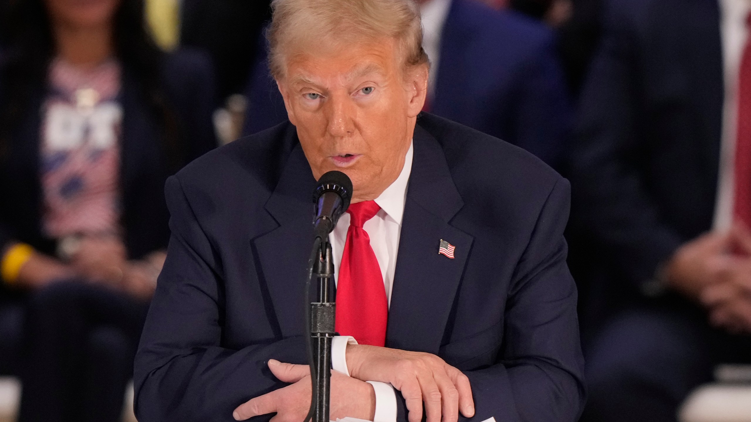 Republican presidential nominee former President Donald Trump participates in a roundtable with Latino leaders Tuesday, Oct. 22, 2024, in Doral, Fla. (AP Photo/Lynne Sladky)