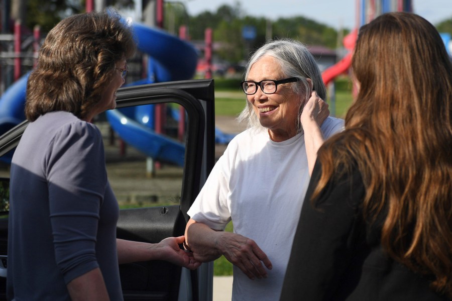 FILE - Sandra Hemme, center, meets with family and supporters after she was released from Chillicothe Correctional Center, Friday, July 19, 2024, in Chillicothe, Miss. (HG Biggs/The Kansas City Star via AP, File)