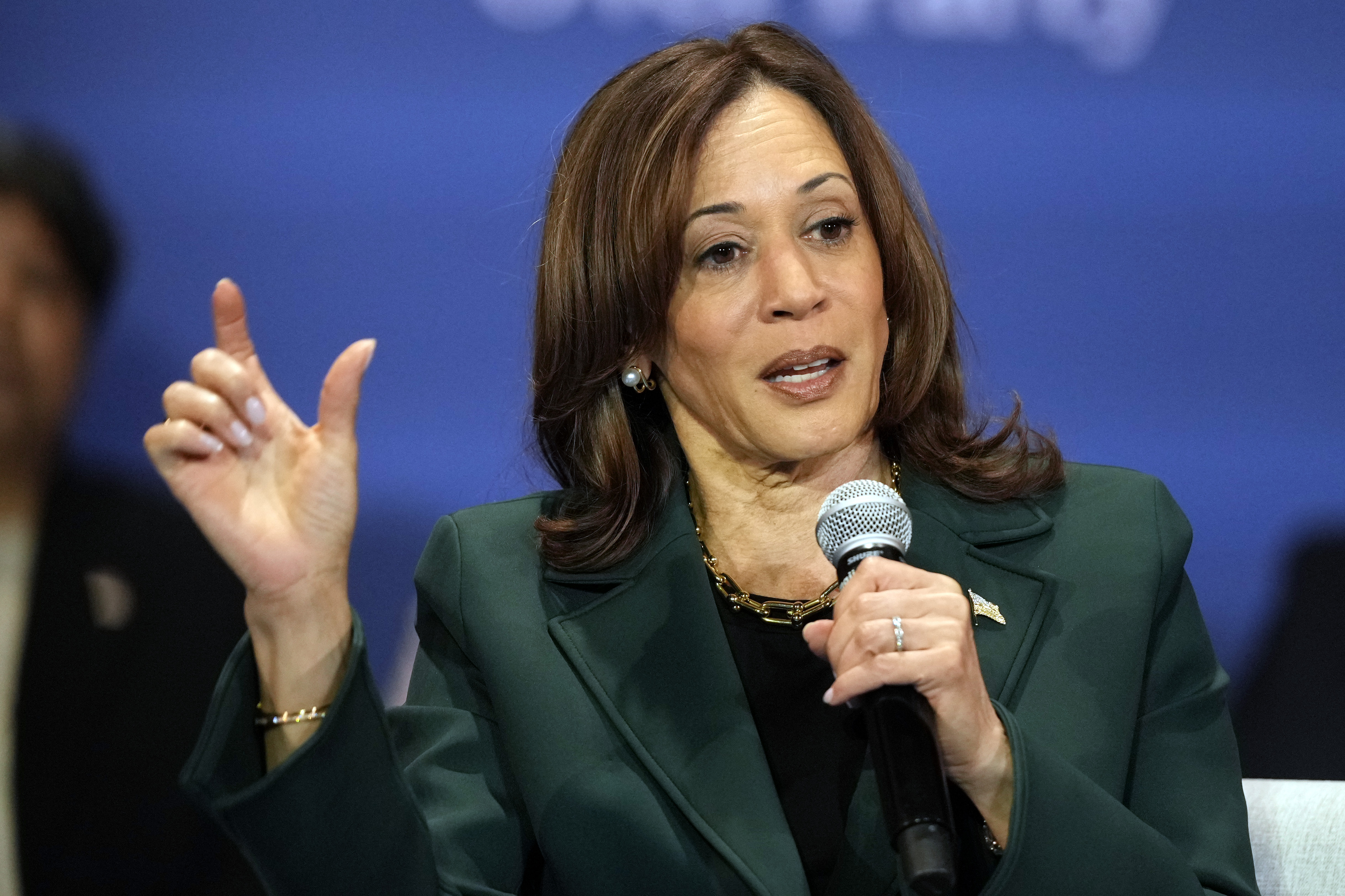 Democratic presidential nominee Vice President Kamala Harris and former Rep. Liz Cheney, R-Wyo., attend a campaign event Monday, Oct. 21, 2024, in Brookfield, Wis. (AP Photo/Morry Gash)