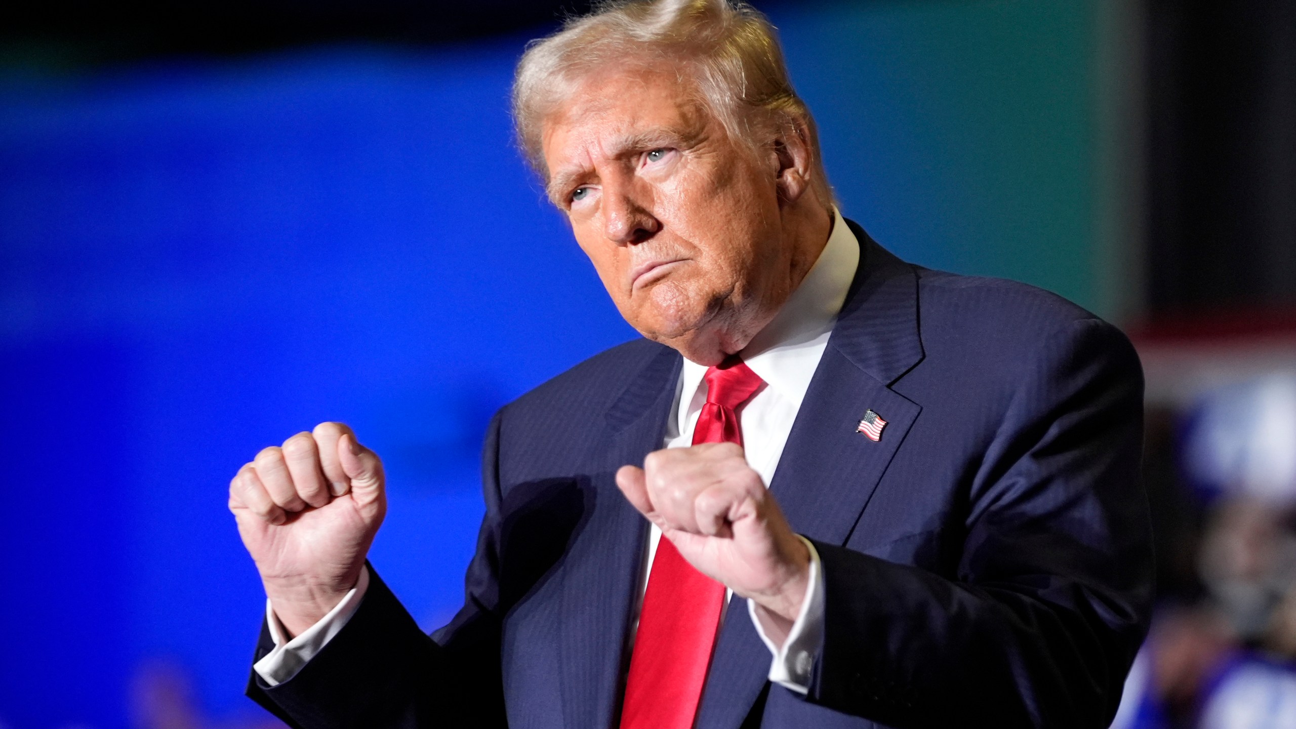 Republican presidential nominee former President Donald Trump dances at a campaign rally at Greensboro Coliseum, Tuesday, Oct. 22, 2024, in Greensboro, N.C. (AP Photo/Alex Brandon)