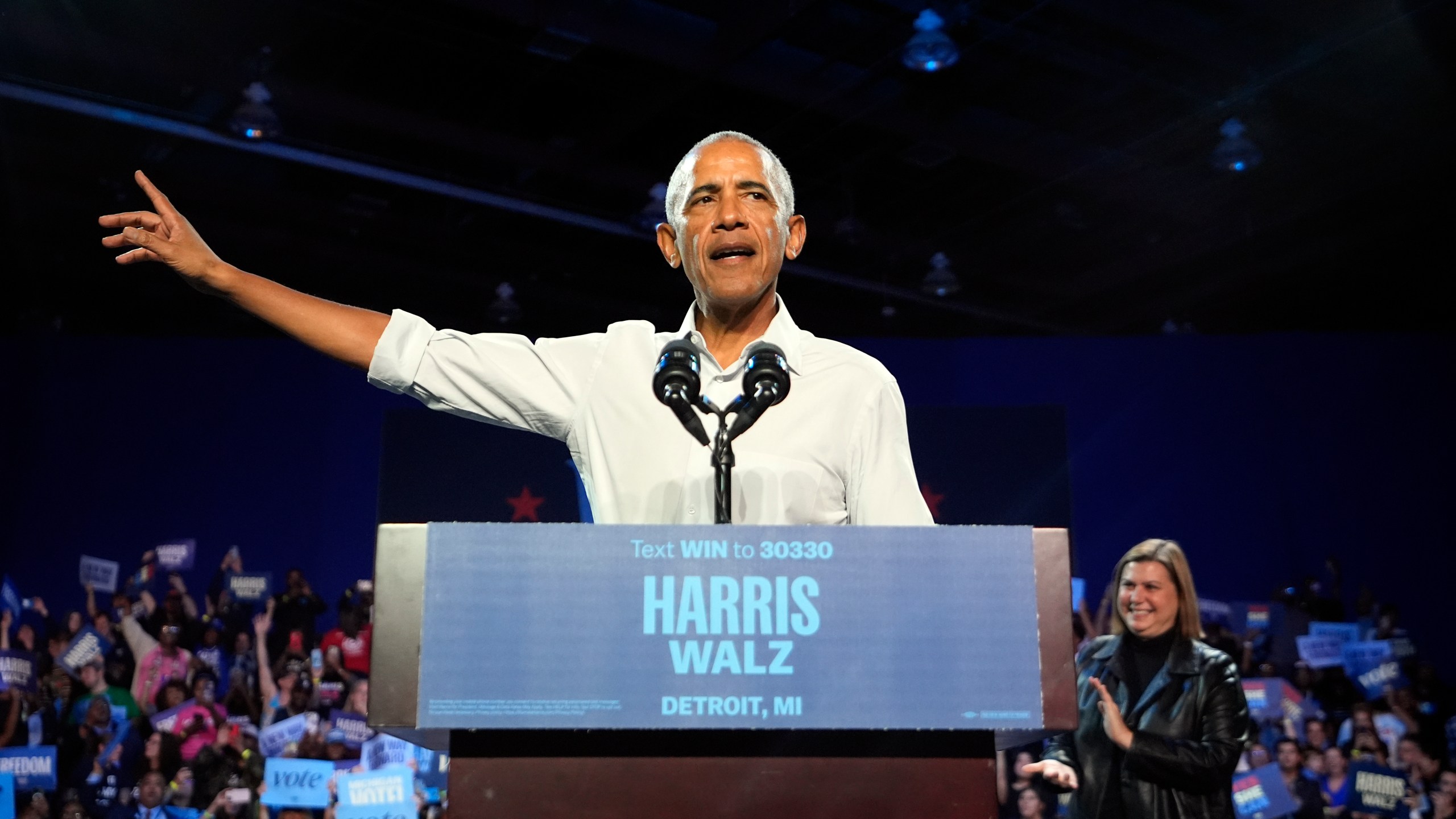 Former President Barack Obama speaks at a campaign rally supporting Democratic presidential nominee Vice President Kamala Harris, Tuesday, Oct. 22, 2024, in Detroit. (AP Photo/Paul Sancya)