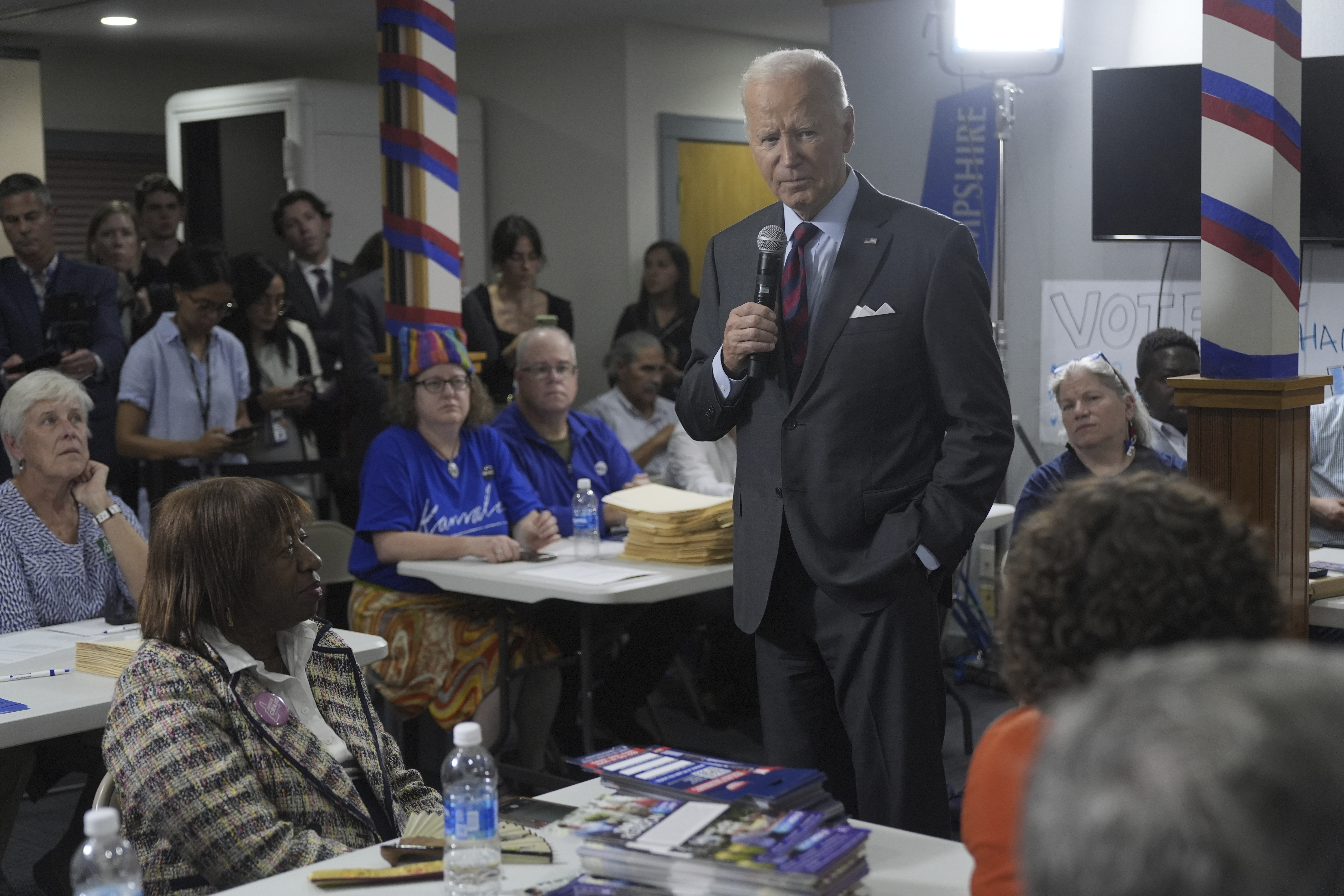 President Joe Biden visits a New Hampshire Democratic coordinated campaign office in Concord, NH, Tuesday, Oct. 22, 2024. (AP Photo/Manuel Balce Ceneta)