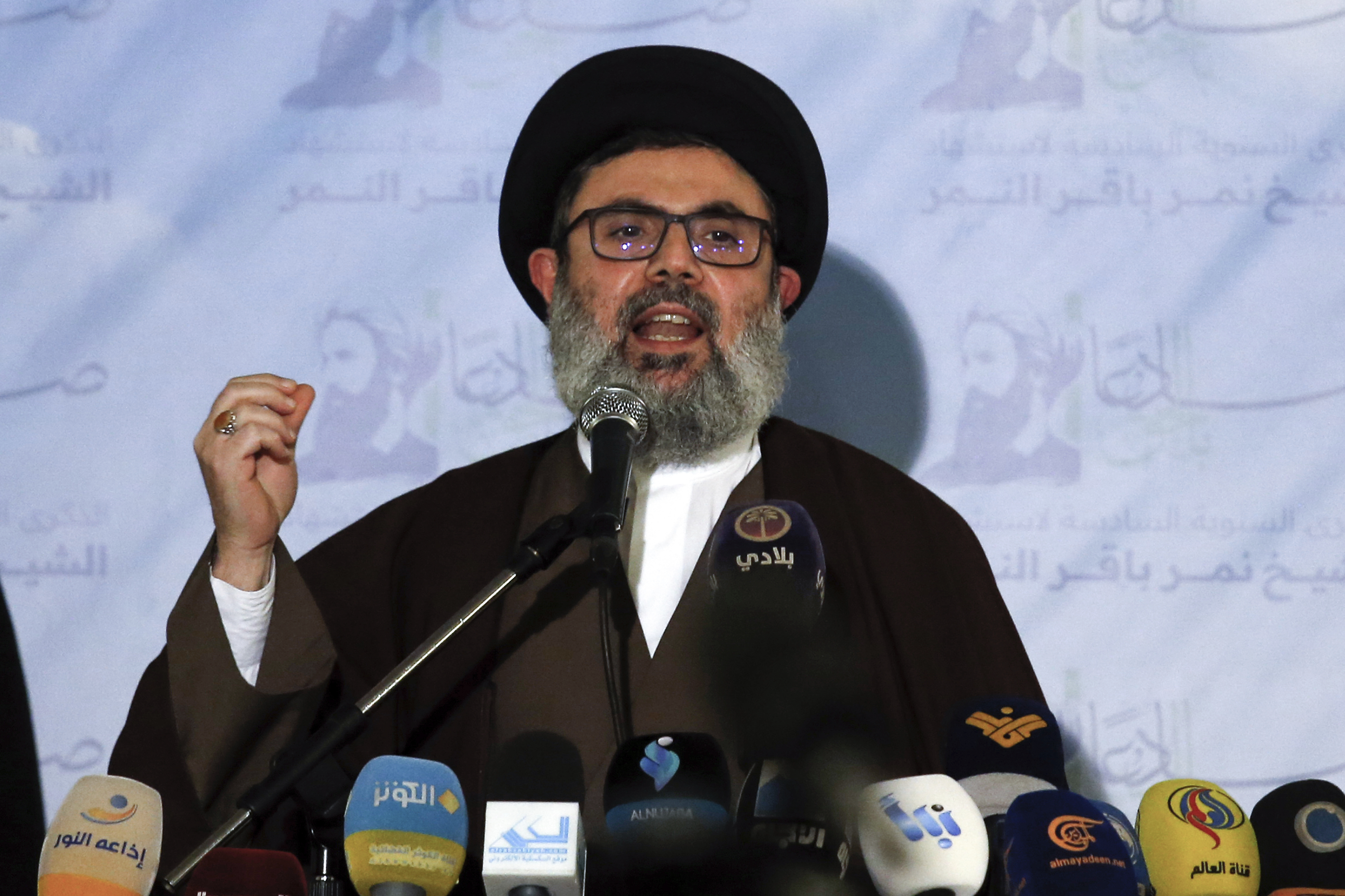 FILE - Senior Hezbollah leader Hashem Safieddine speaks during a news conference in the southern Beirut suburb of Dahiyeh, Lebanon, on Jan. 12, 2022. (AP Photo/Bilal Hussein, File)