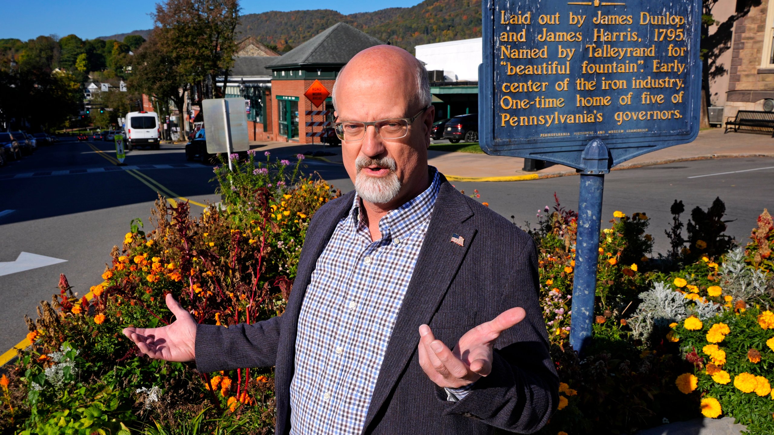 Centre County Commissioner Mark Higgins stands in downtown Bellefonte, Pa., Friday, Oct. 18, 2024. (AP Photo/Gene J. Puskar)